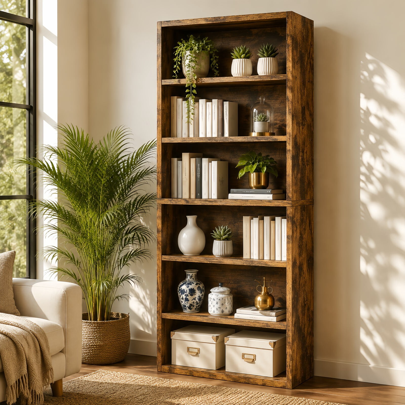 Kelno 6 Tier Vintage Bookshelf 63" Freestanding Wood Bookcase with Adjustable Shelf Anti-Tip Kit, Rust