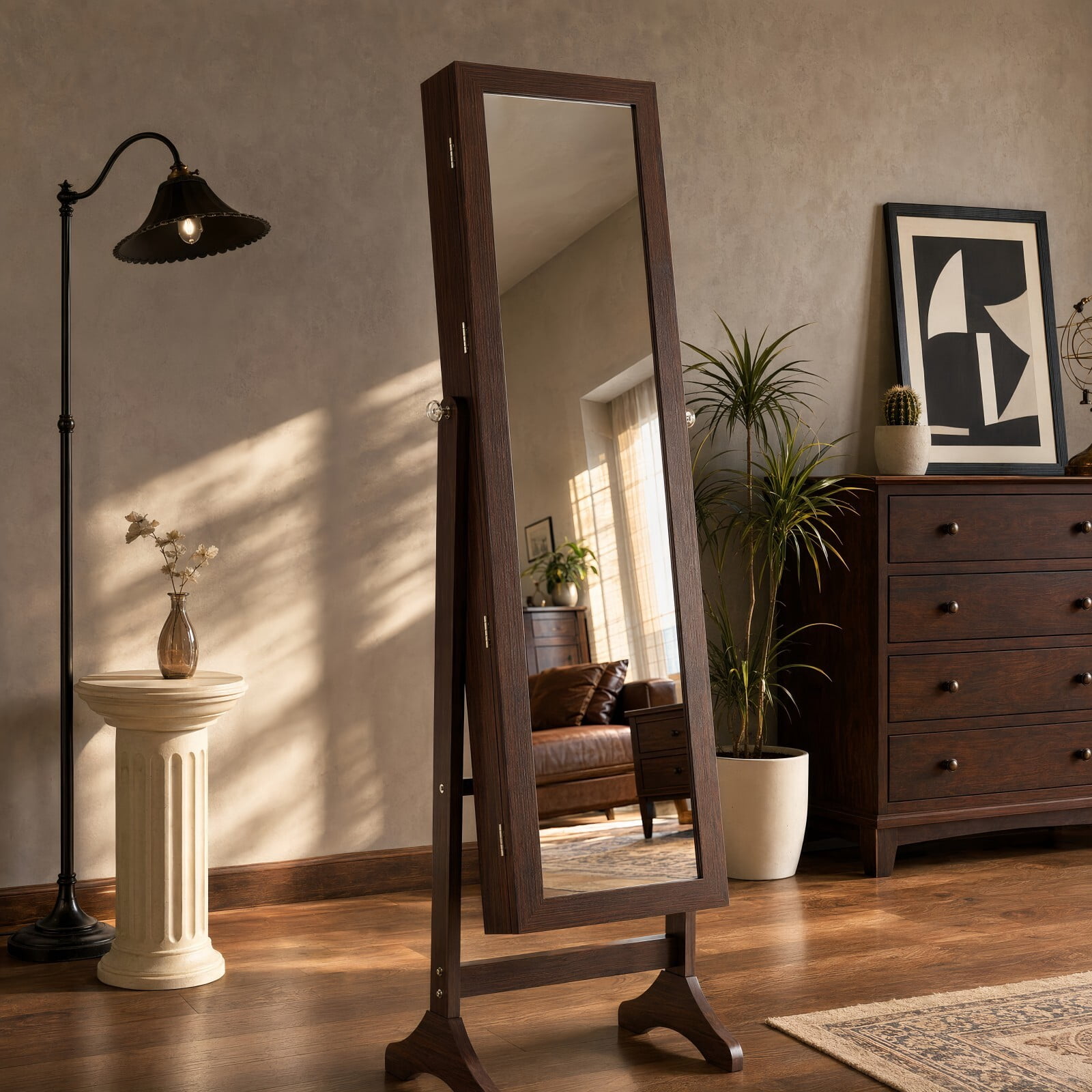 Kelno 60" Freestanding Jewelry Armoire with HD Mirror Adjustable Angles Jewelry Organizer Cabinet, Rust