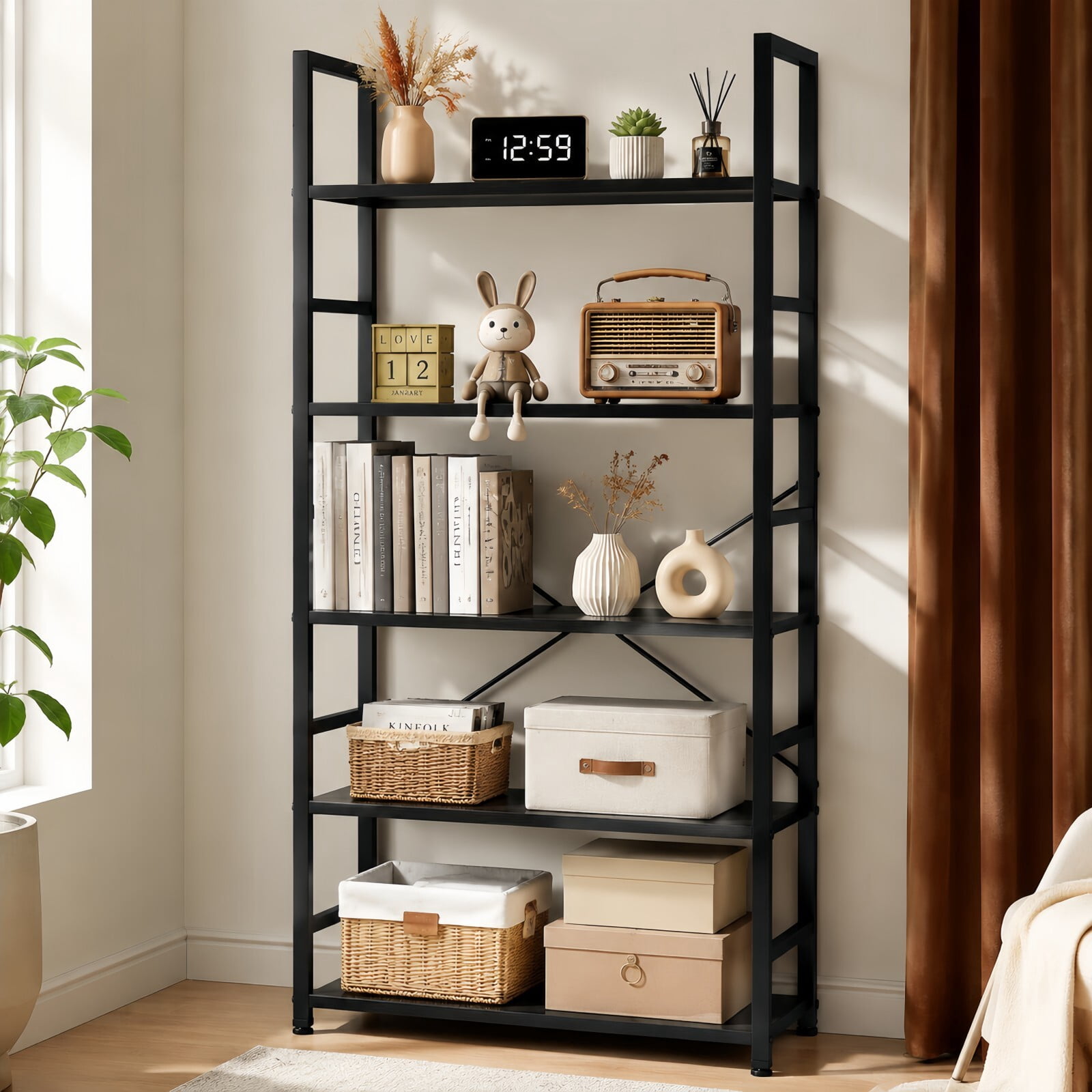 Kelno 62"x 24" Freestanding Bookshelf 5 Tier Bookcase Open Display Storage Shelf with Metal Frame, Black