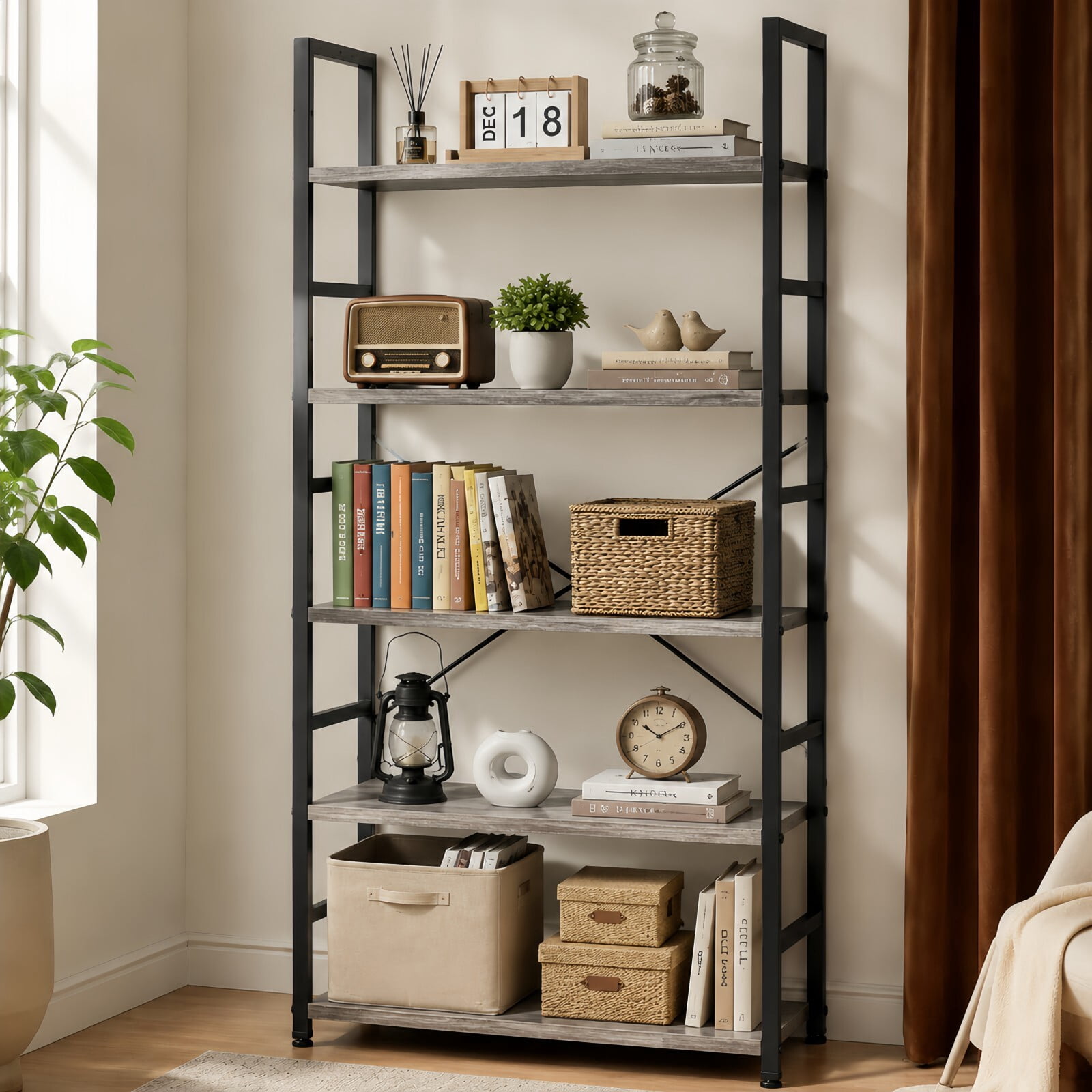 Kelno 62"x 24" Freestanding Bookshelf 5 Tier Bookcase Open Display Storage Shelf with Metal Frame, Wood Gray