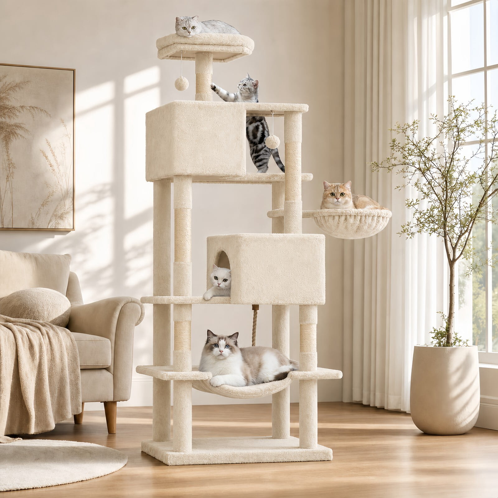 Kelno 66" Cat Tree Tower Durable Cat Climbing Tower with Sisal Scratching Posts Cozy Condo Hammock and Platforms, Beige