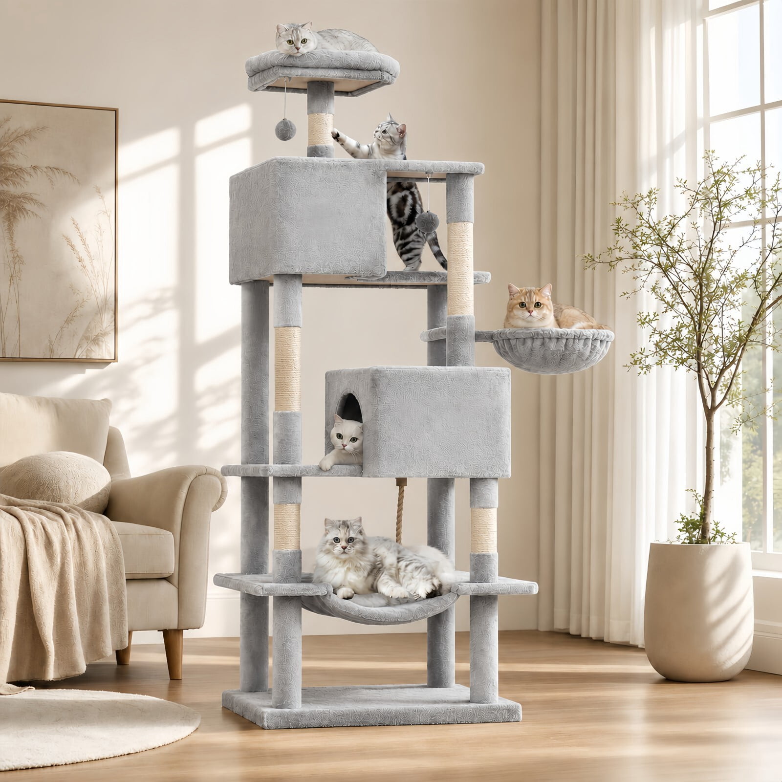 Kelno 66" Cat Tree Tower Durable Cat Climbing Tower with Sisal Scratching Posts Cozy Condo Hammock and Platforms, Light Gray