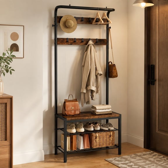 Kelno 72"x28" Hall Tree with Shoe Bench Industrial Entryway Coat Rack with Hanging Rod 10 Removable Hooks 2-Tier Shoe Storage, Drak Brown
