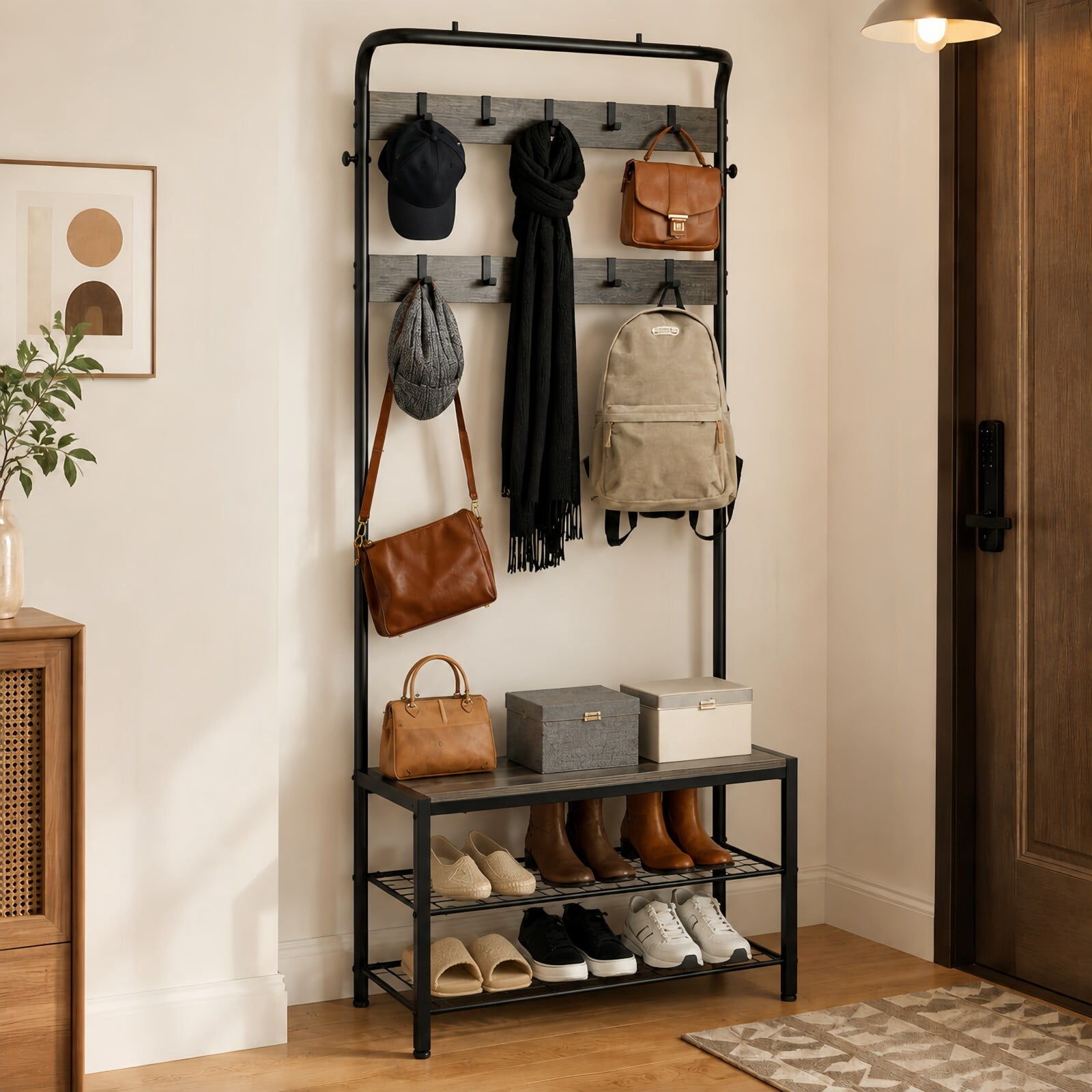 Kelno 72"x28" Hall Tree with Shoe Bench Industrial Entryway Coat Rack with Hanging Rod 10 Removable Hooks 2-Tier Shoe Storage, Gray