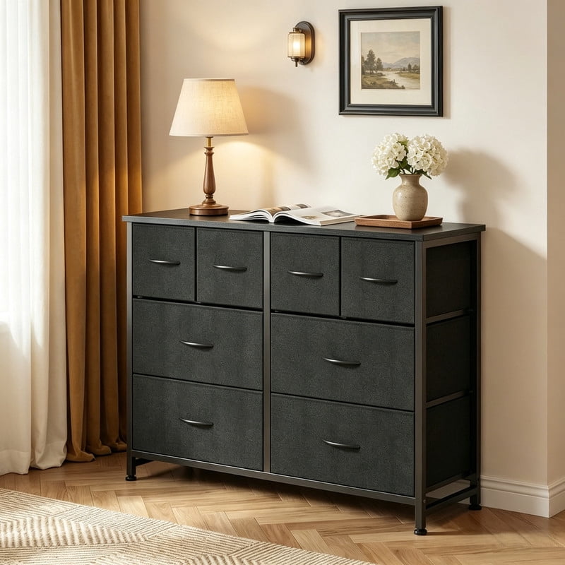 Kelno 8 Drawers Fabric Dresser Wide Wood Top Cabinet Storage Tower Metal Frame Clothes Organizer for Bedroom Living Room,Black