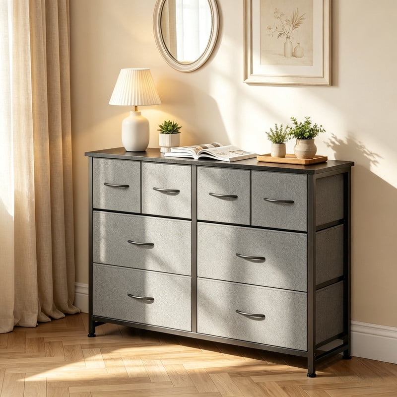Kelno 8 Drawers Fabric Dresser Wide Wood Top Cabinet Storage Tower Metal Frame Clothes Organizer for Bedroom Living Room,Grey