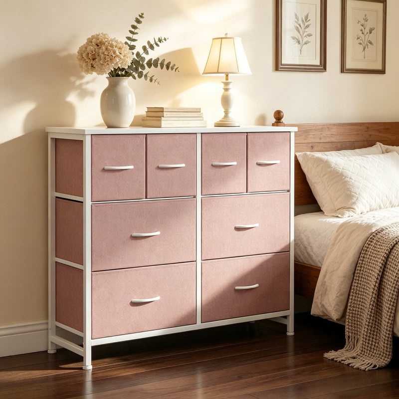 Kelno 8 Drawers Fabric Dresser Wide Wood Top Cabinet Storage Tower Metal Frame Clothes Organizer for Bedroom Living Room,Pink