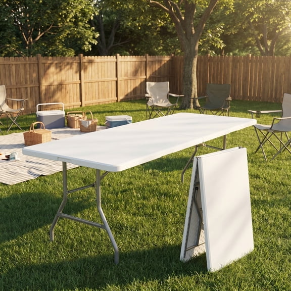 Kelno 8 FT Folding Table Portable Picnic Table with Carrying Handle Waterproof Top, White