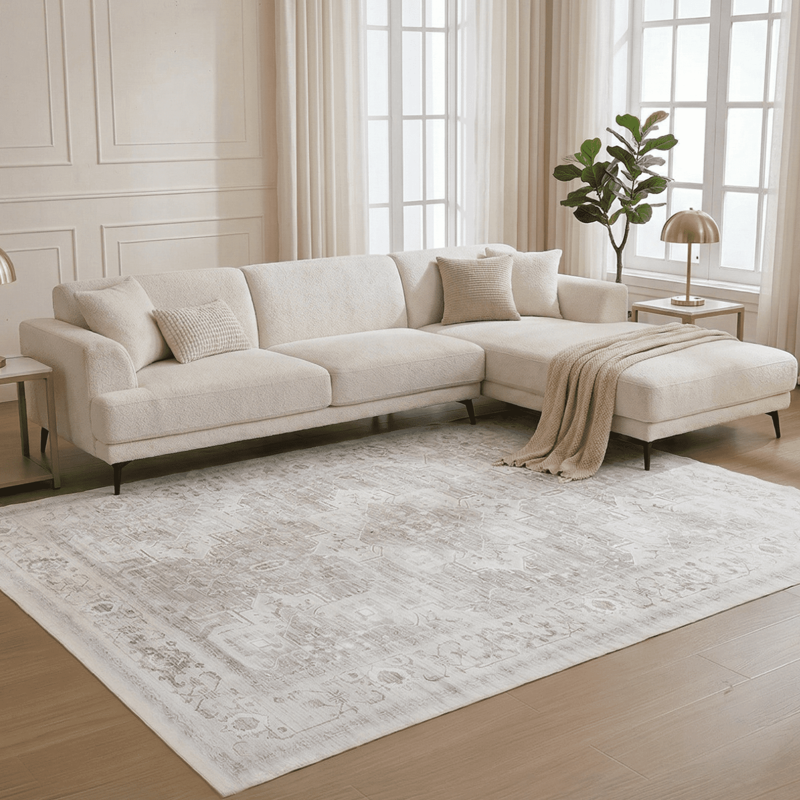 Kelno 8'x10'Area Rug Floor Mat Living Room Rug Washable Low Pile Indoor Carpet Vintage Non-slip Soft Rug,Beige