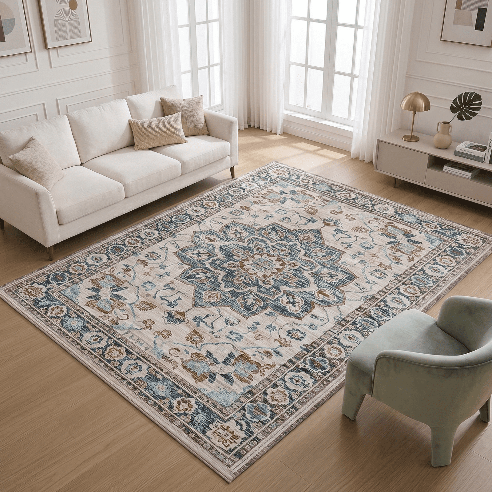 Kelno 8'x10'Area Rug Floor Mat Living Room Rug Washable Low Pile Indoor Carpet Vintage Non-slip Soft Rug,Blue&Red