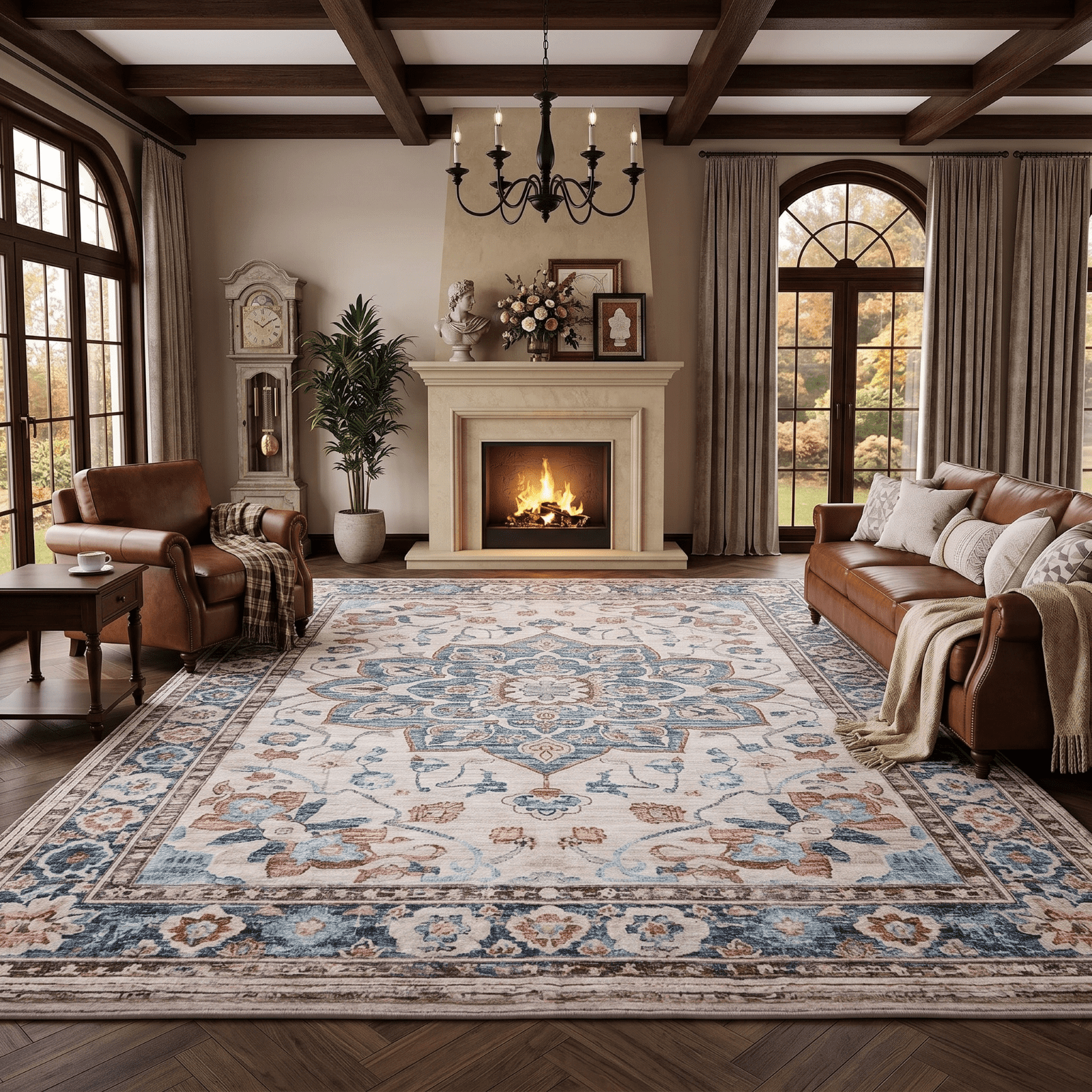 Kelno 8'x10' Area Rugs Vintage Living Room Rug Washable Low Pile Indoor Carpet Non-slip Soft Rug Bedroom Dining Room, Blue&Red