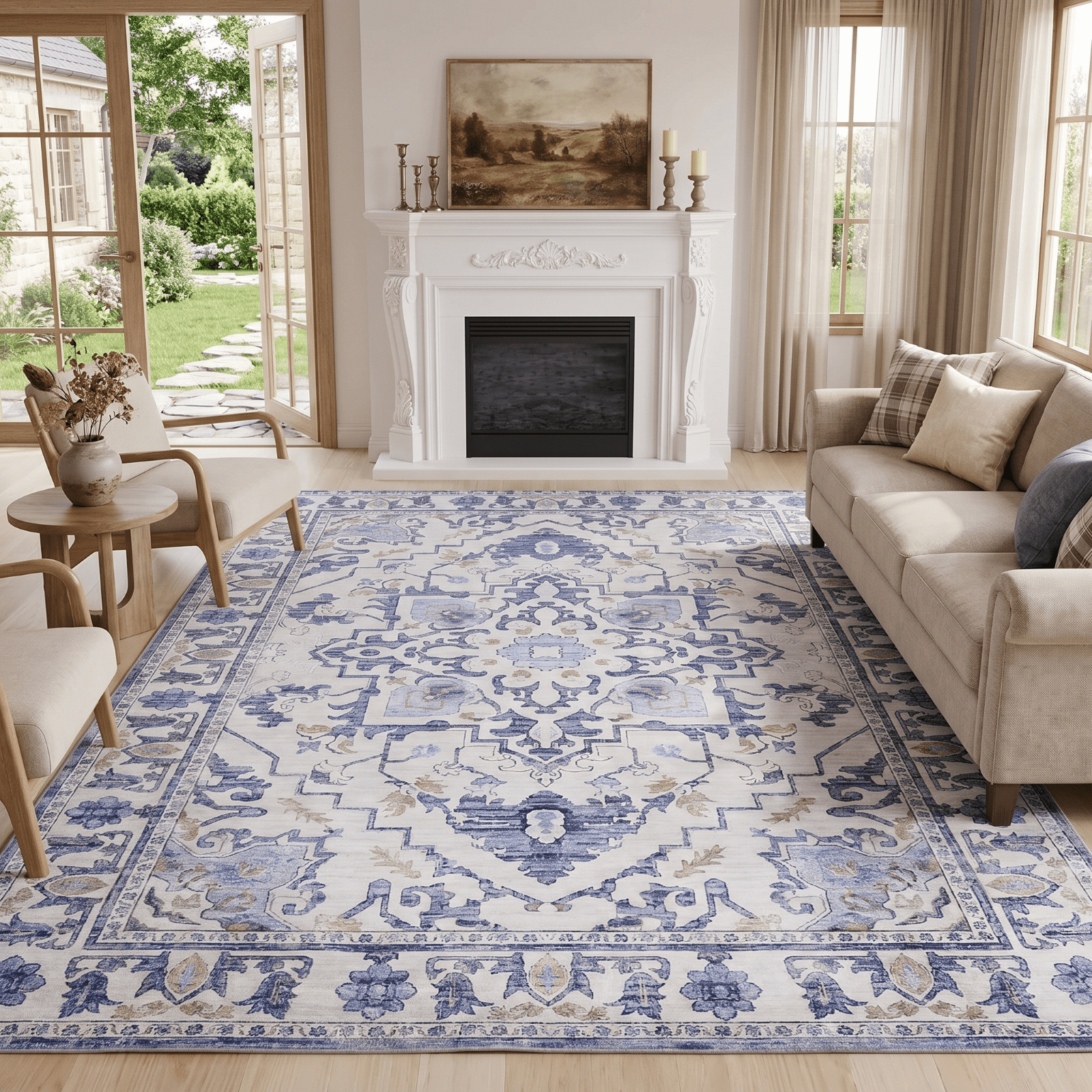 Kelno 8'x10' Area Rugs Vintage Living Room Rug Washable Low Pile Indoor Carpet Non-slip Soft Rug Bedroom Dining Room, Blue