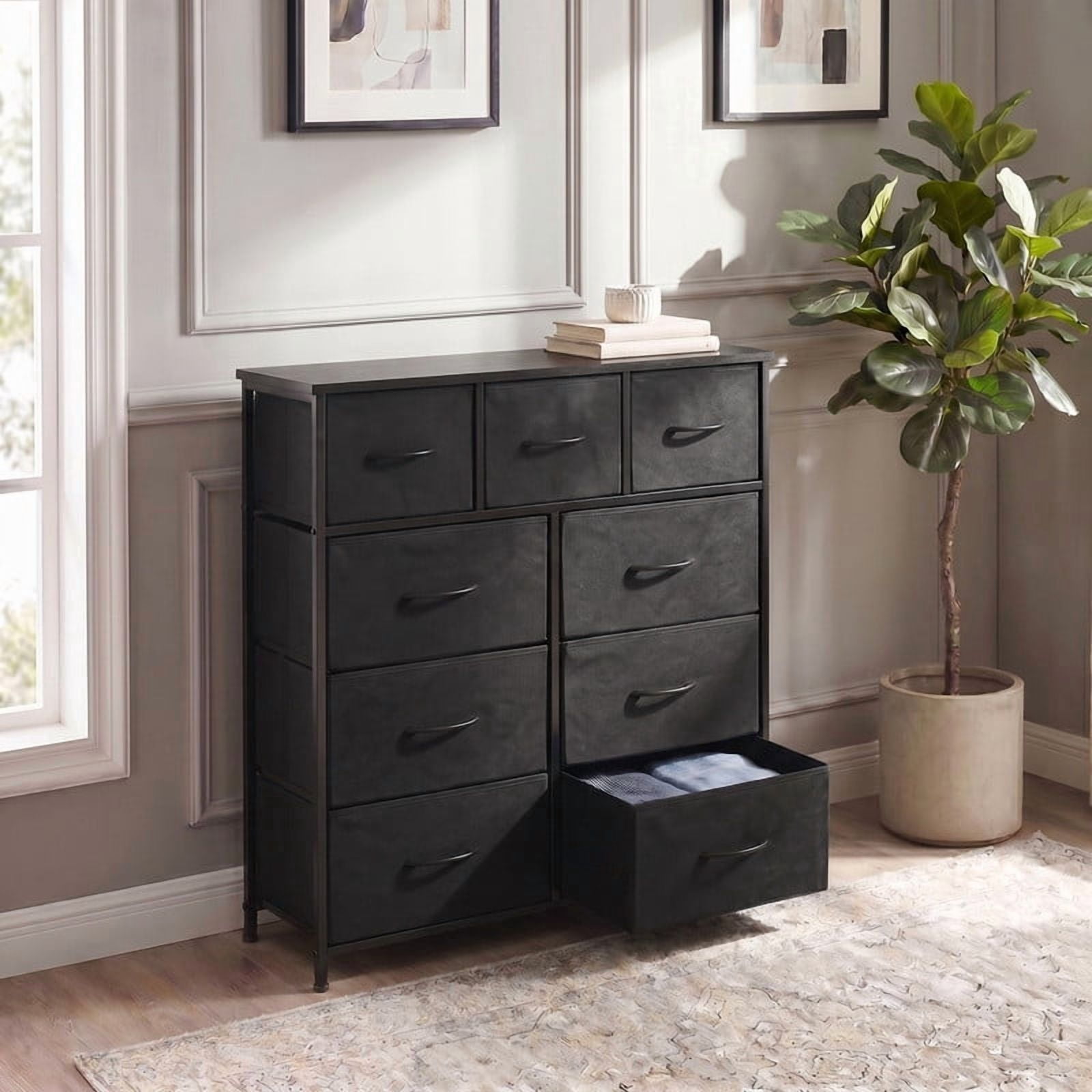 Kelno 9 Drawer Fabric Dresser Storage Tower Chest Organizer with Wood Top Steel Frame, Black
