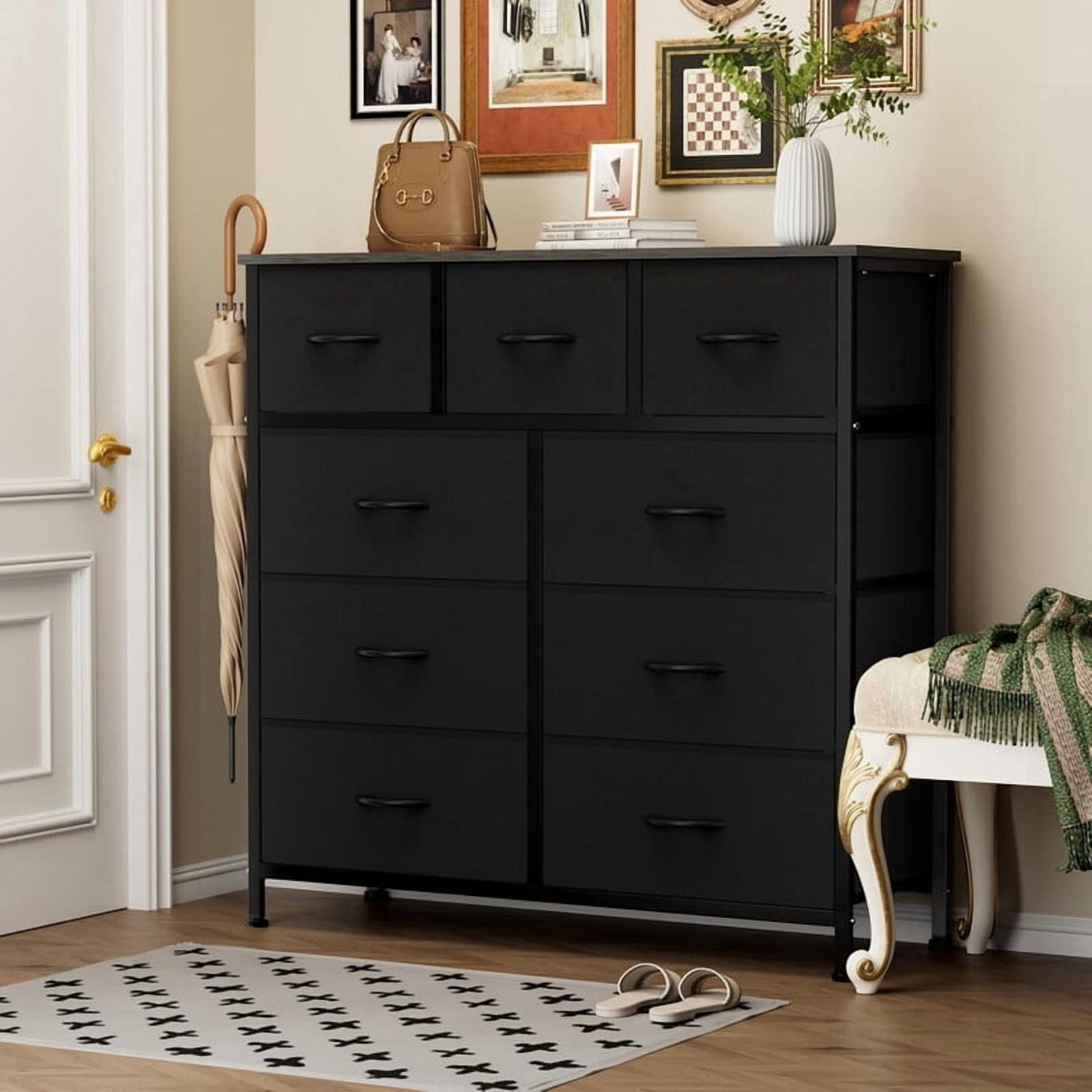Kelno 9 Drawer Fabric Dresser Tall Storage Chest Drawer Organizer Storage Cabinet, Black