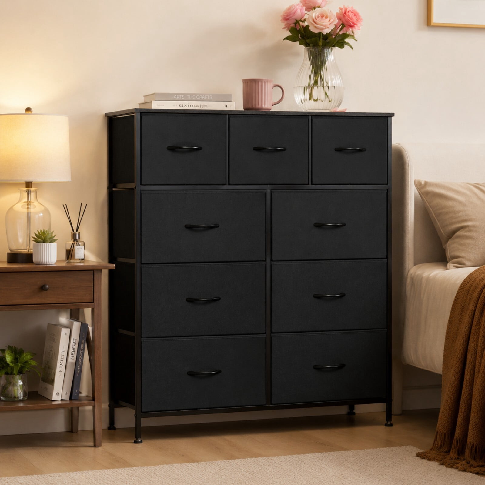 Kelno 9 Drawer Fabric Dresser Tall Storage Chest Drawer Organizer Storage Cabinet, Black