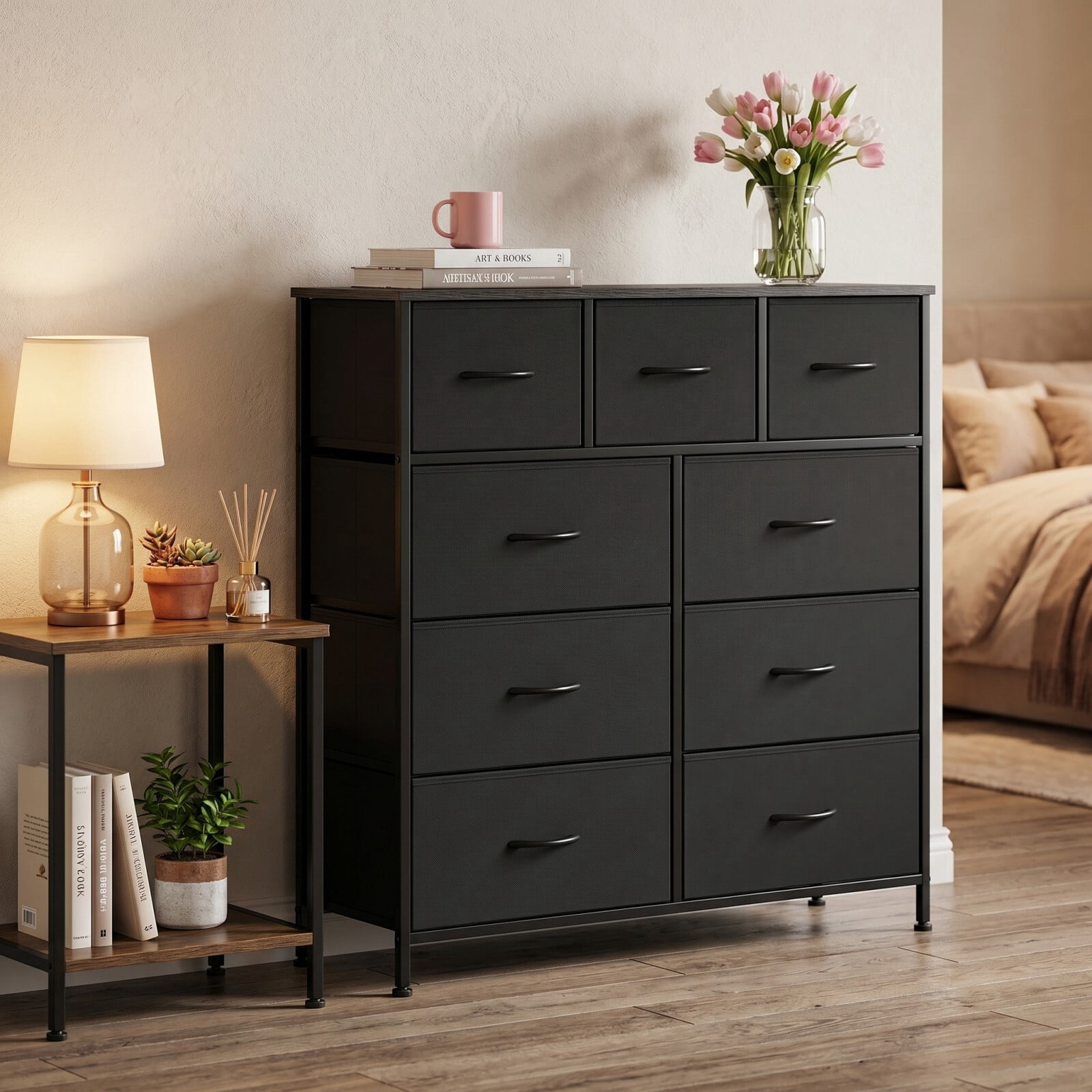 Kelno 9 Drawer Fabric Dresser Tall Storage Chest Drawer Organizer Storage Cabinet, Black