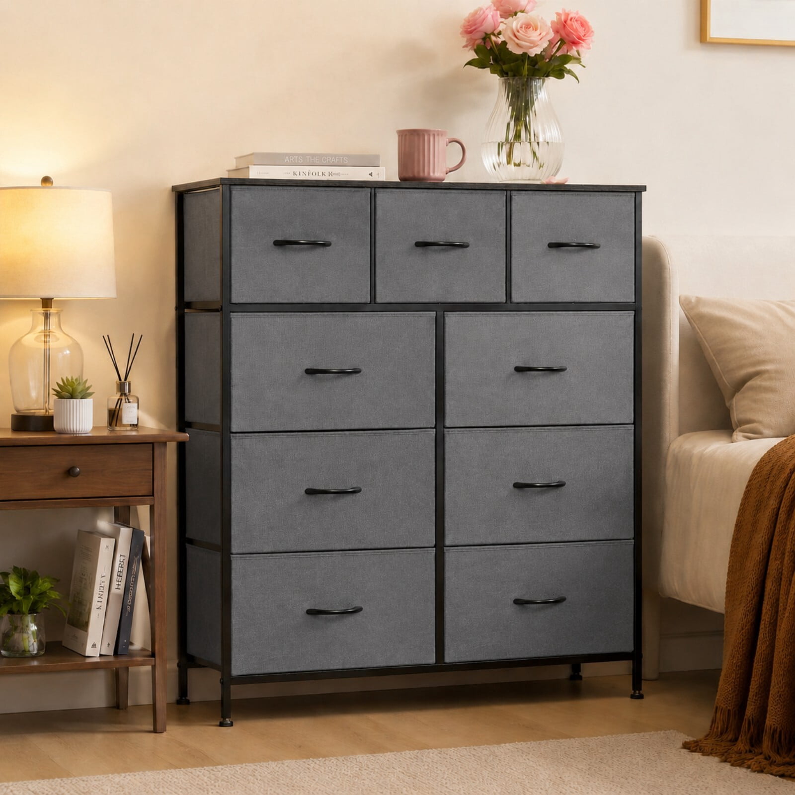 Kelno 9 Drawer Fabric Dresser Tall Storage Chest Drawer Organizer Storage Cabinet, Grey