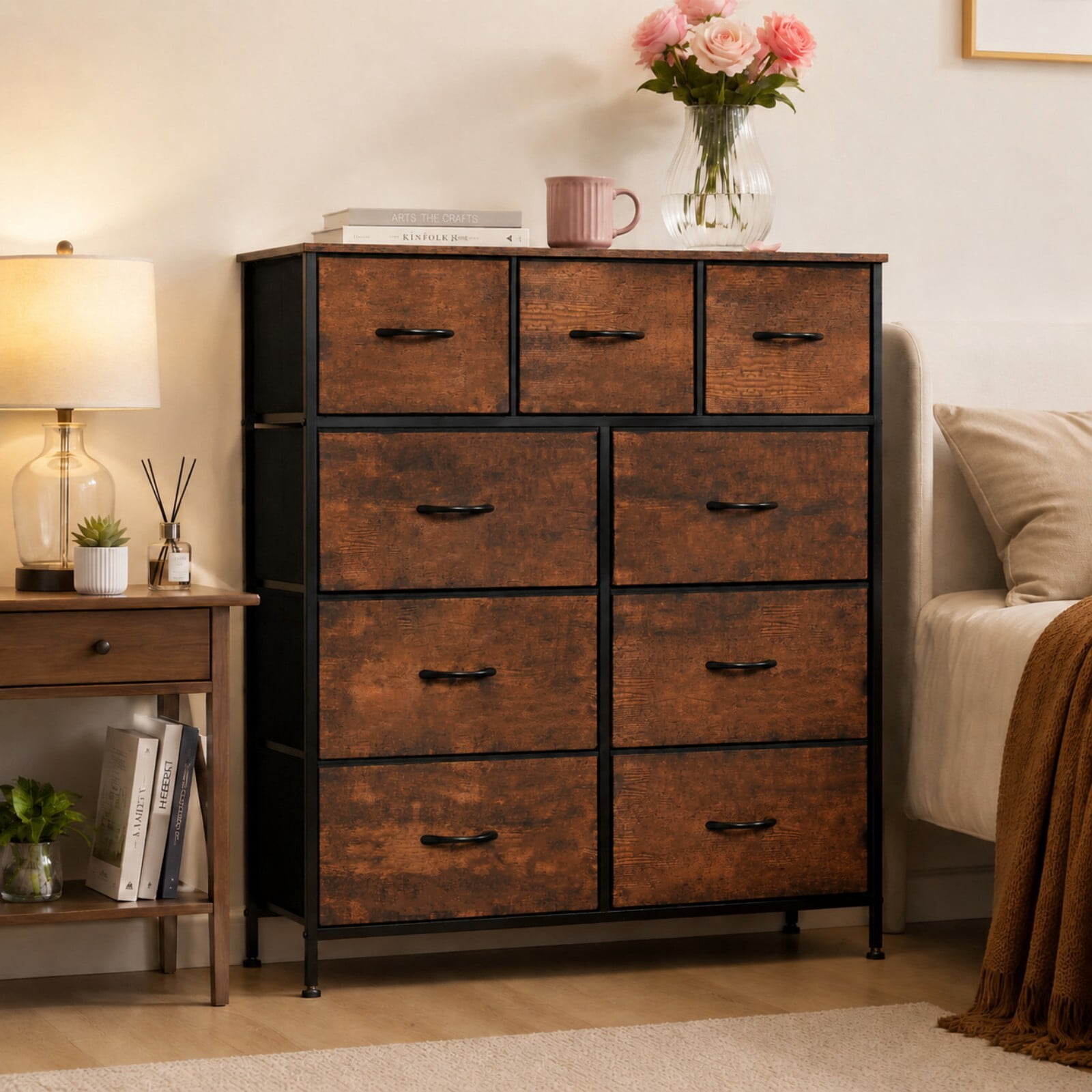 Kelno 9 Drawer Fabric Dresser Tall Storage Chest Drawer Organizer Storage Cabinet, Rustic Brown