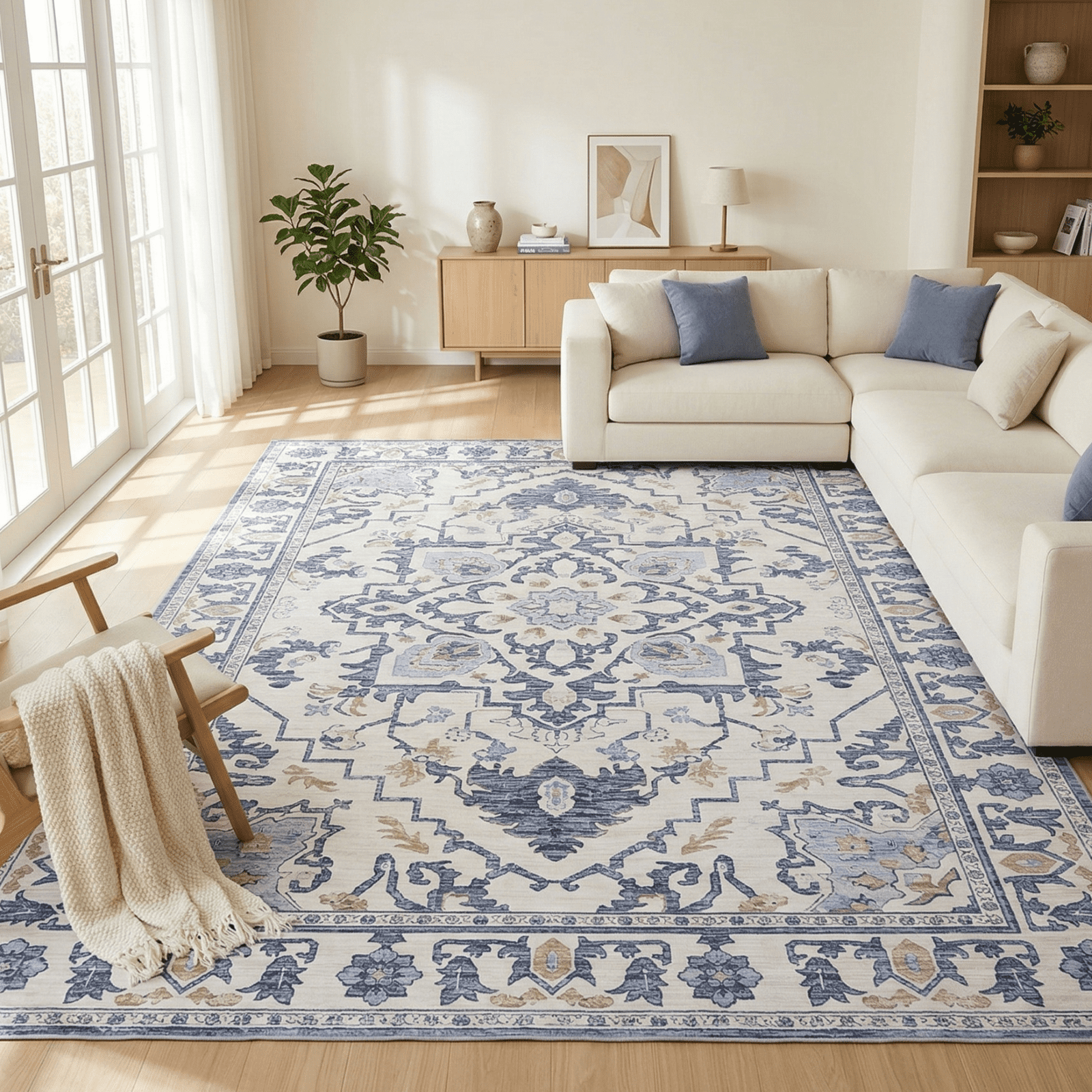 Kelno 9'x12'Area Rug Nordic Large Floor Rug Washable Non-slip Low Pile Indoor carpet Vintage Soft Rug,Blue