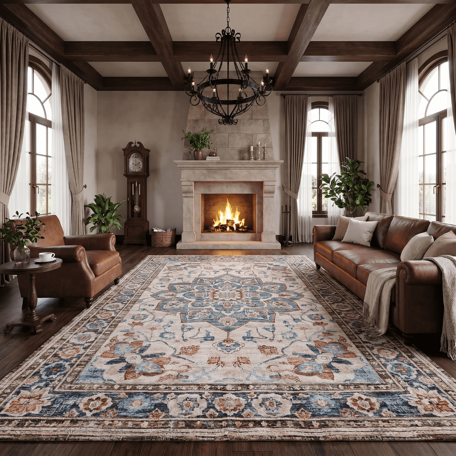 Kelno 9'x12' Area Rugs Large Vintage Living Room Rug Washable Low Pile Indoor Carpet Non-slip Soft Rug Bedroom Dining Room, Blue&Red