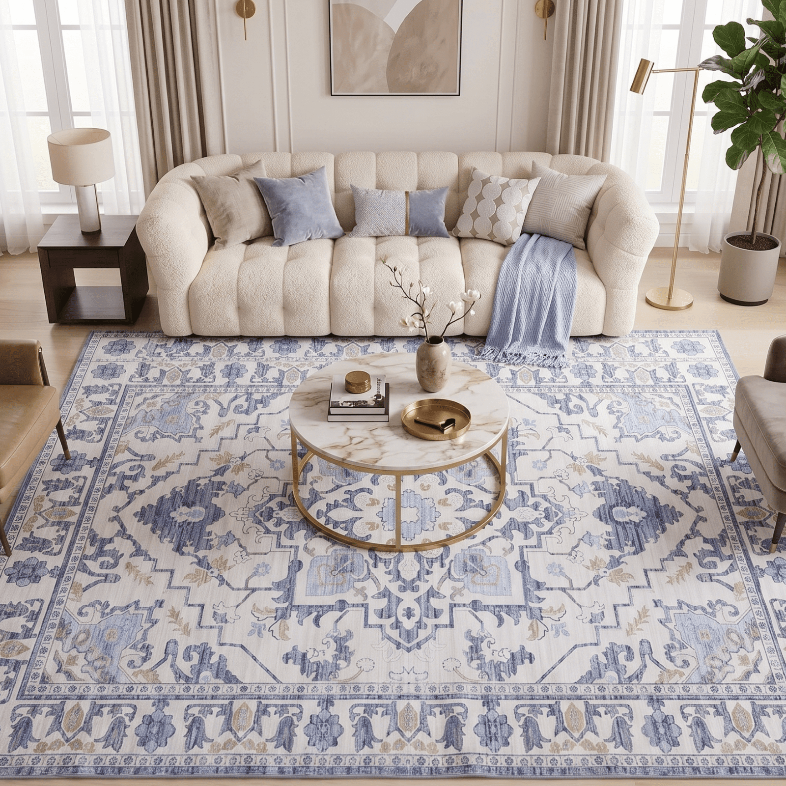 Kelno 9'x12' Area Rugs Large Vintage Living Room Rug Washable Low Pile Indoor Carpet Non-slip Soft Rug Bedroom Dining Room, Blue