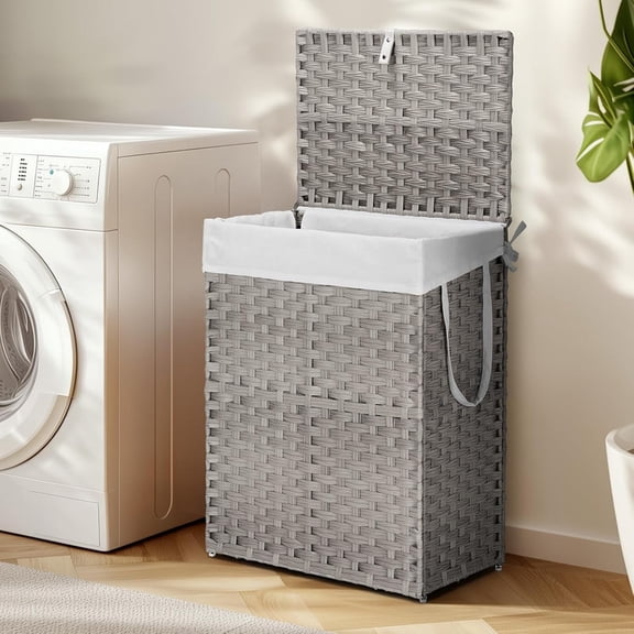 Kelno 90L Laundry Basket with Lid Foldable Rattan Clothes Hamper with Removable Liner Bag, Gray