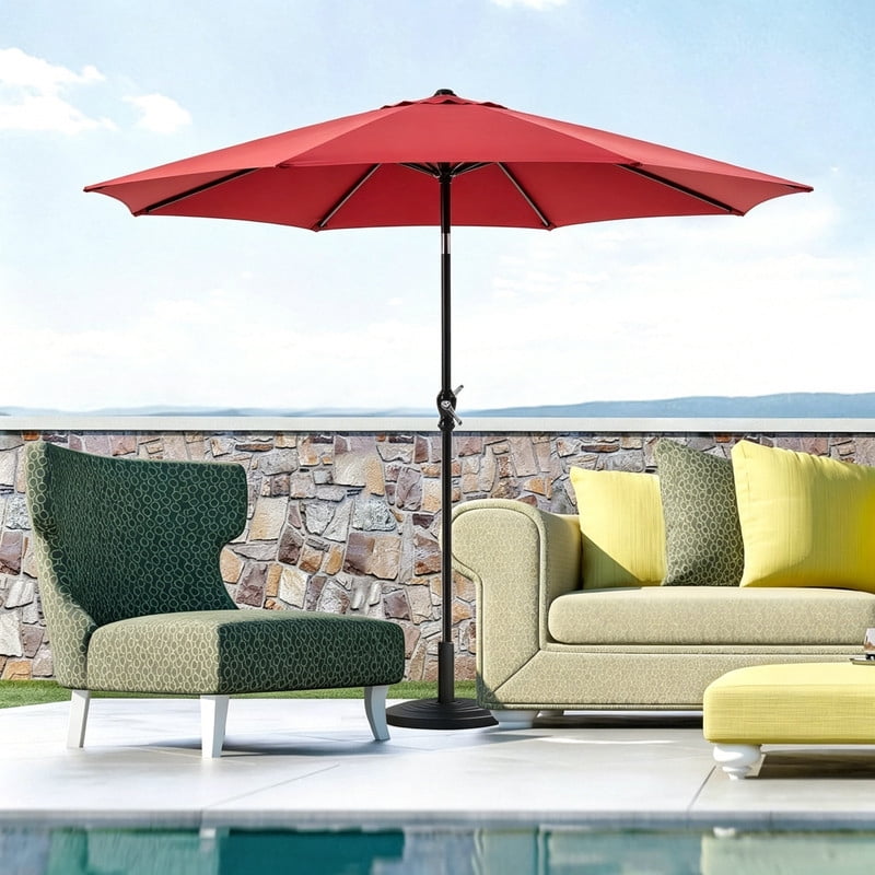 Kelno 9FT Patio Umbrella with Tilt and Crank Button 8 Sturdy Ribs UV Protection Waterproof, Red