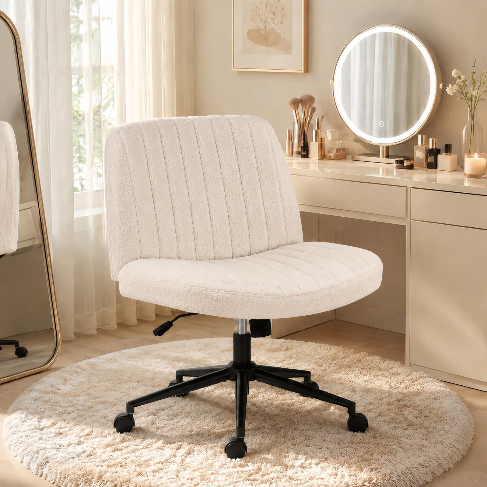 Kelno Armless Criss Cross Office Chair with Wheels 300lb Capacity Wide Seat Cross Legged Desk Chair Height Adjustable Swivel Vanity Chair, Beige Teddy