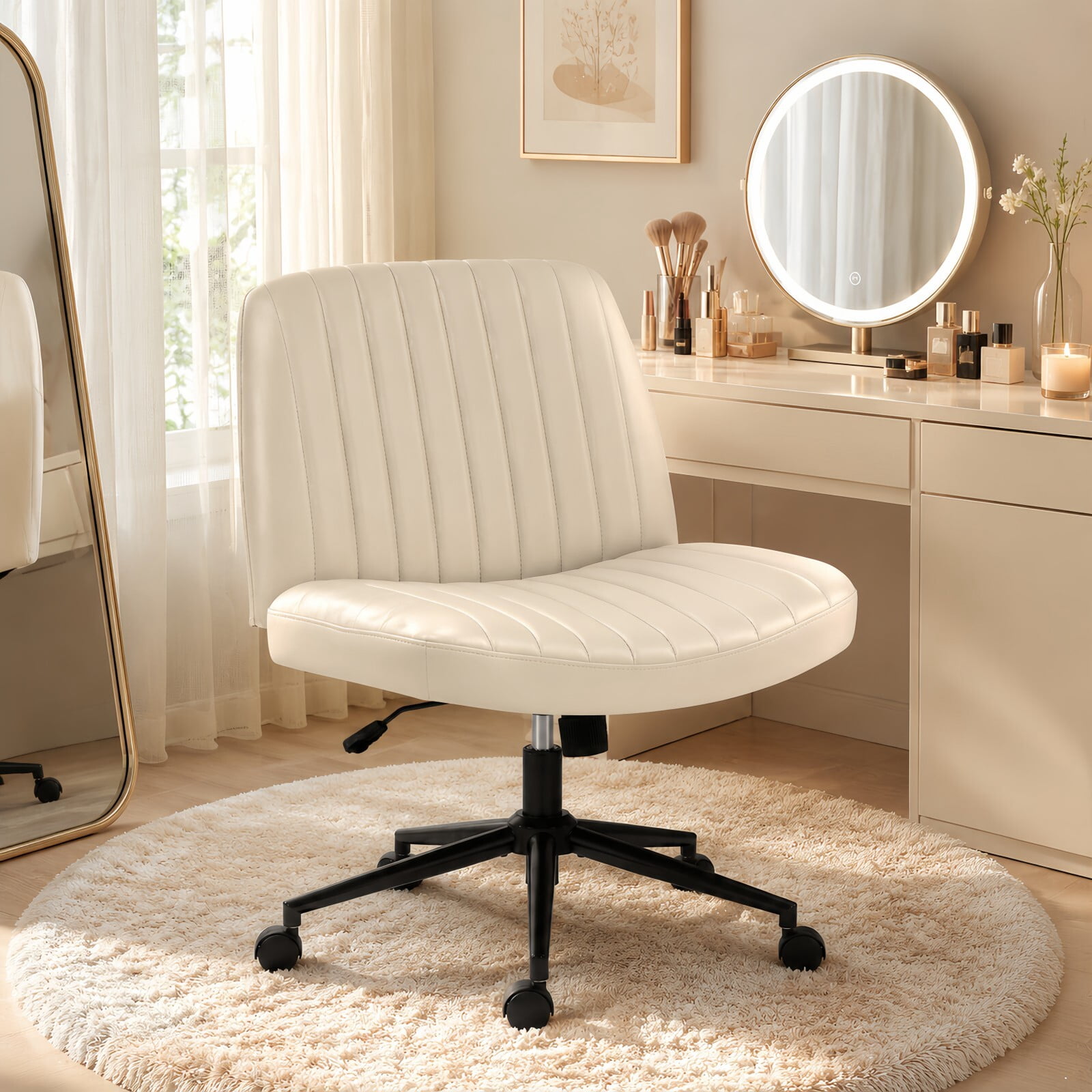 Kelno Armless Criss Cross Office Chair with Wheels 300lb Capacity Wide Seat Cross Legged Desk Chair Height Adjustable Swivel Vanity Chair, Beige PU