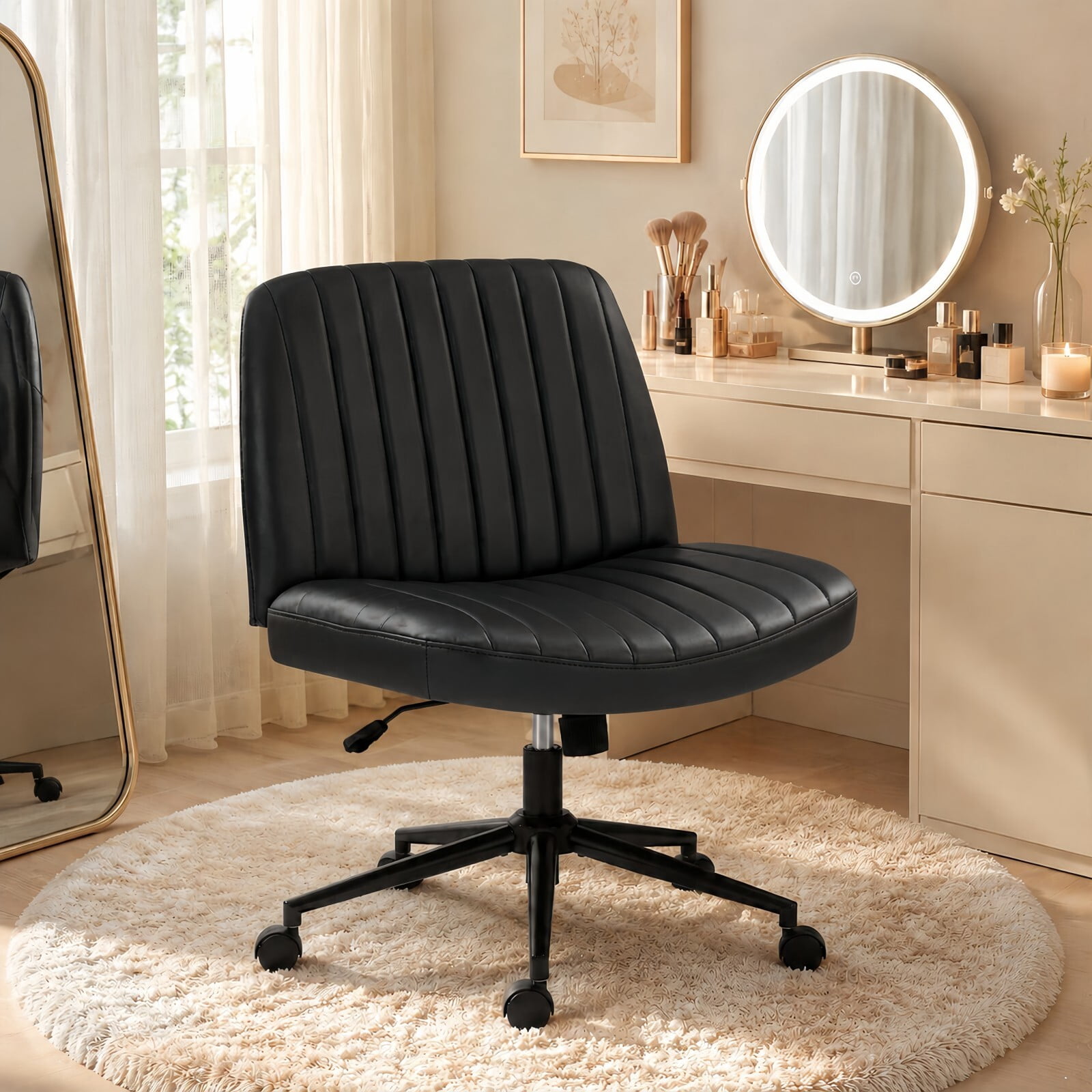 Kelno Armless Criss Cross Office Chair with Wheels 300lb Capacity Wide Seat Cross Legged Desk Chair Height Adjustable Swivel Vanity Chair, Black PU