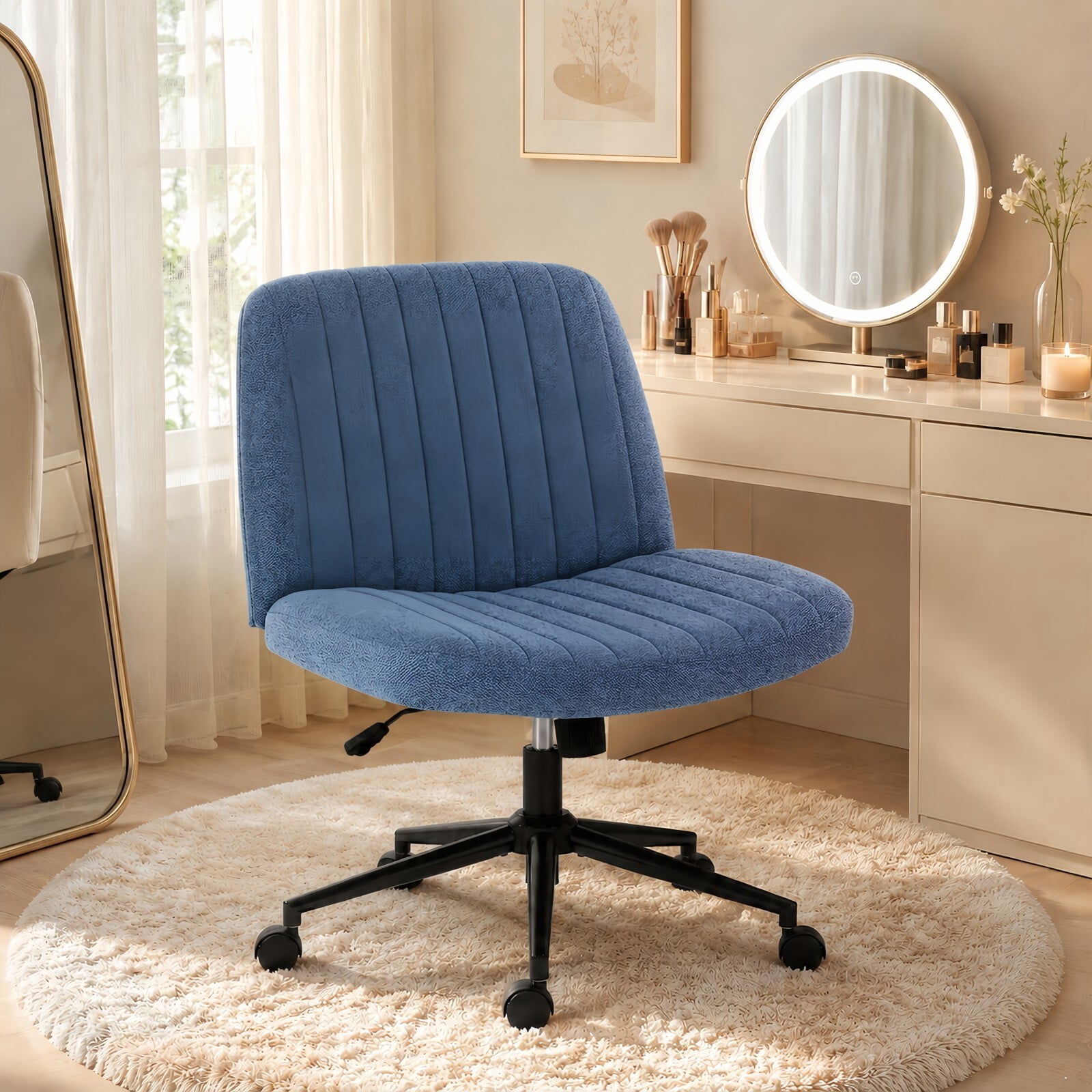 Kelno Armless Criss Cross Office Chair with Wheels 300lb Capacity Wide Seat Cross Legged Desk Chair Height Adjustable Swivel Vanity Chair, Blue Linen