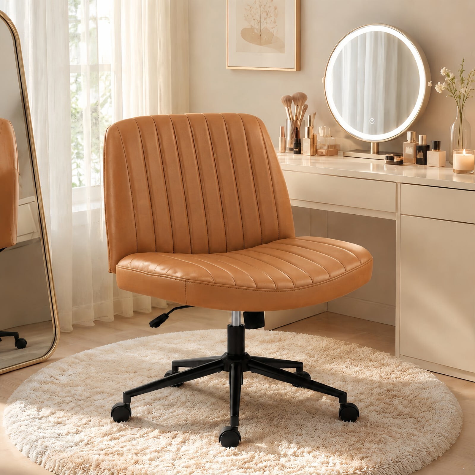 Kelno Armless Criss Cross Office Chair with Wheels 300lb Capacity Wide Seat Cross Legged Desk Chair Height Adjustable Swivel Vanity Chair, Brown PU