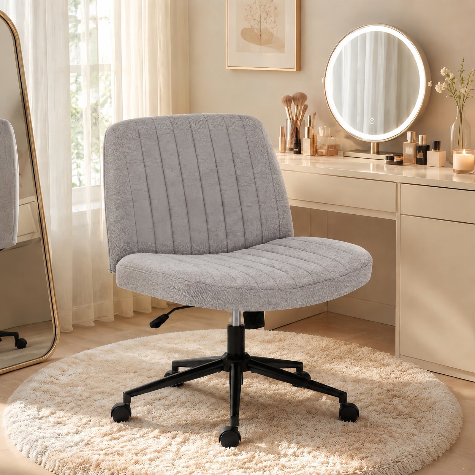 Kelno Armless Criss Cross Office Chair with Wheels 300lb Capacity Wide Seat Cross Legged Desk Chair Height Adjustable Swivel Vanity Chair, Gray Linen