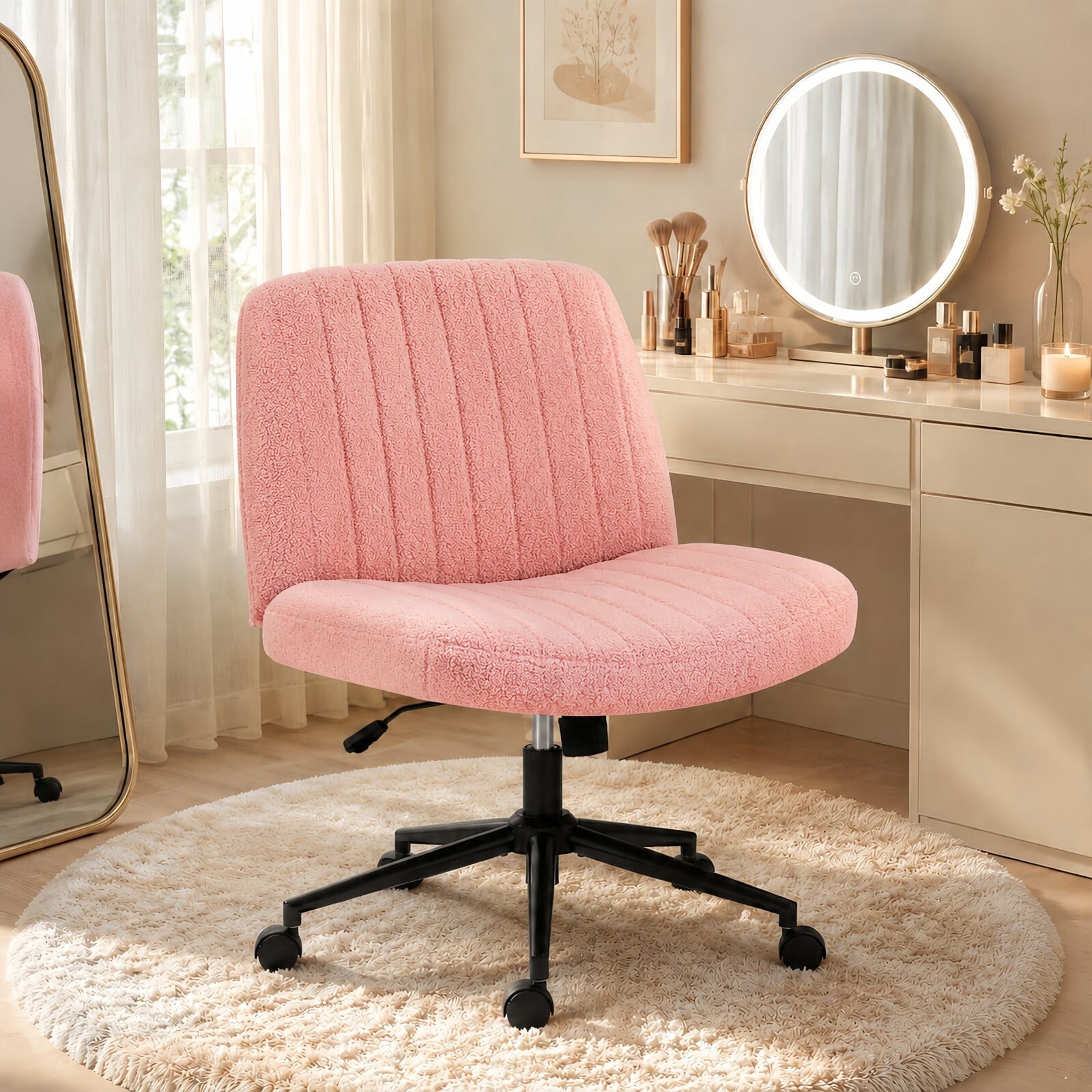 Kelno Armless Criss Cross Office Chair with Wheels 300lb Capacity Wide Seat Cross Legged Desk Chair Height Adjustable Swivel Vanity Chair, Pink Teddy
