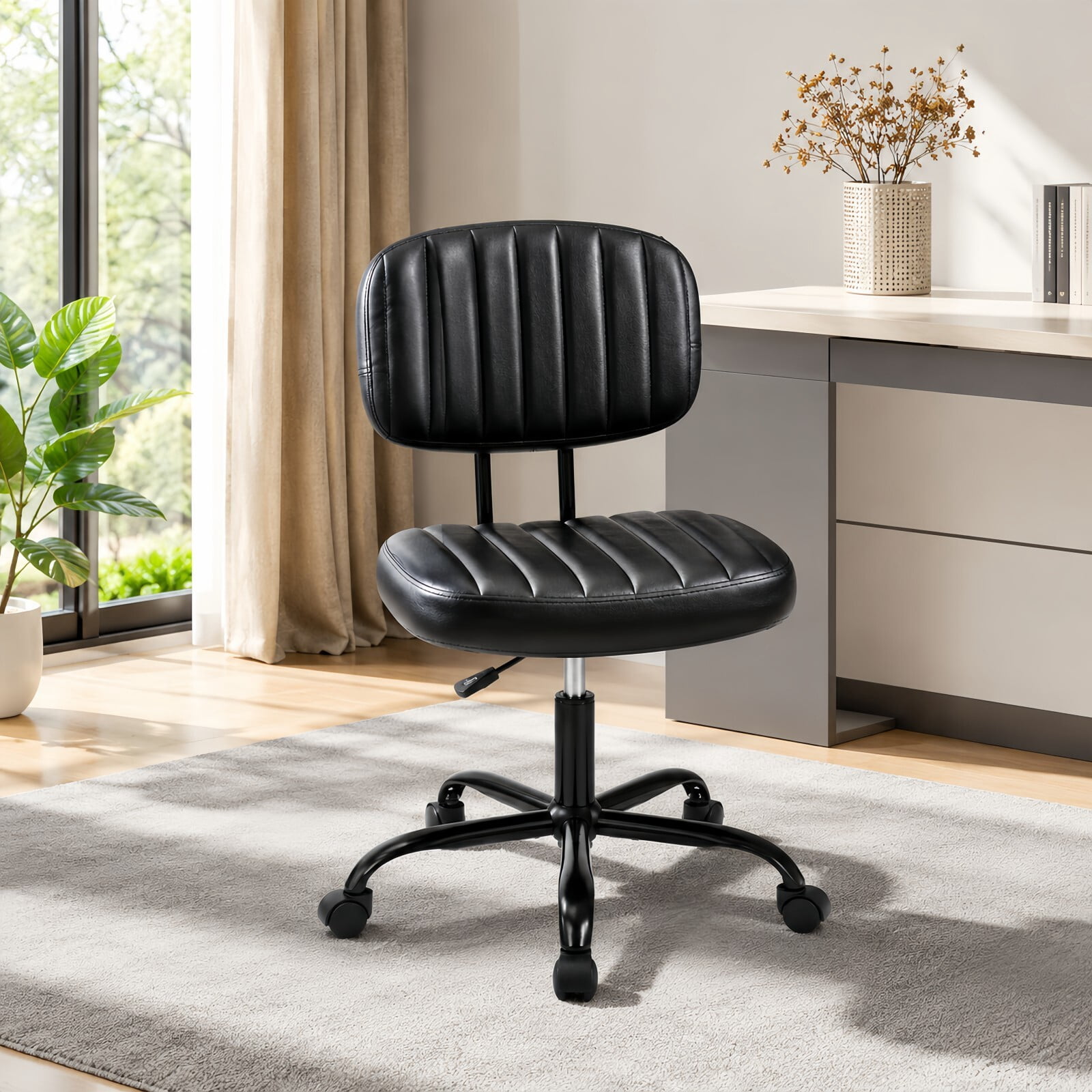 Kelno Armless Desk Chair Height Adjustable Swivel Rolling PU Leather Task Chair with Lumbar Support, Black