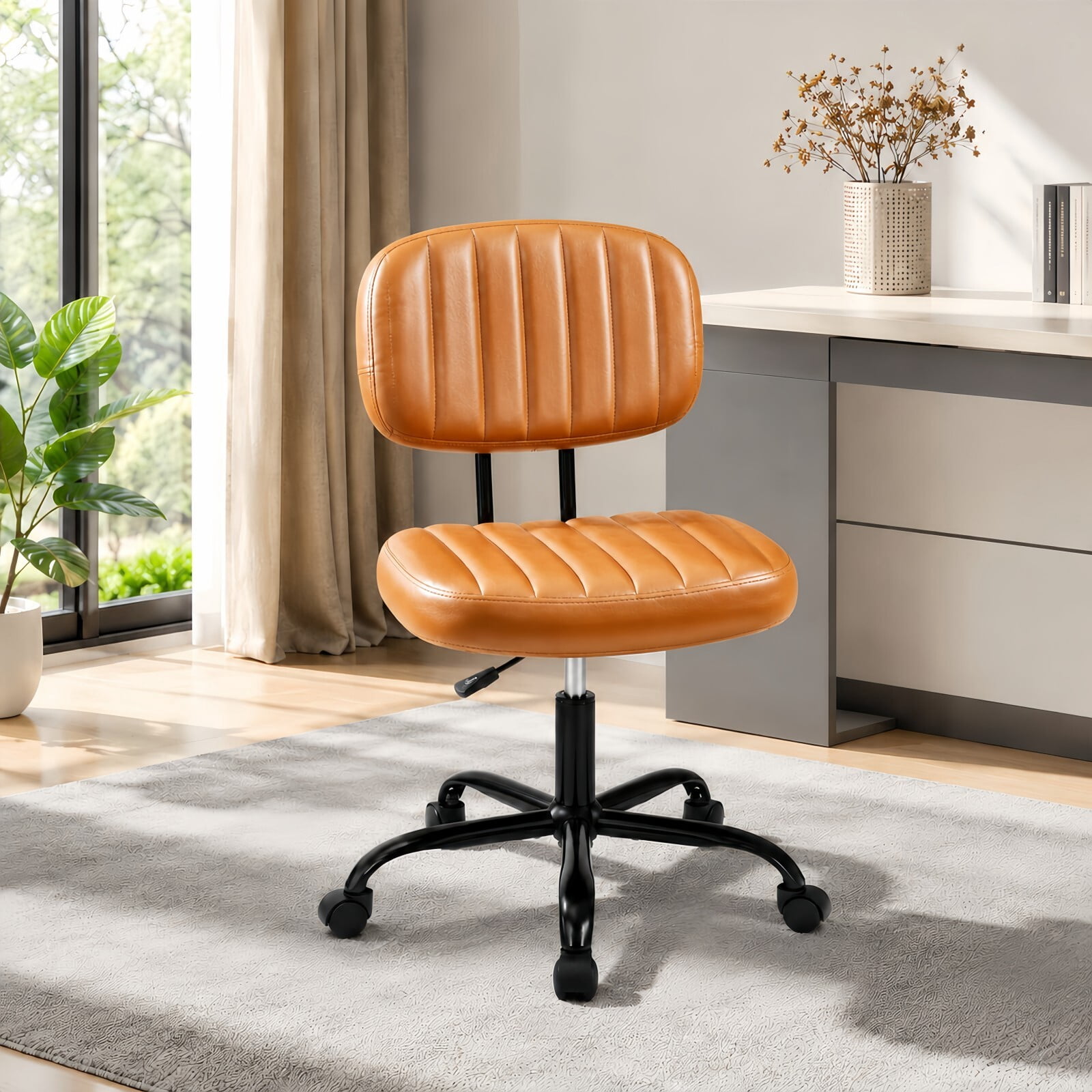 Kelno Armless Desk Chair Height Adjustable Swivel Rolling PU Leather Task Chair with Lumbar Support, Brown