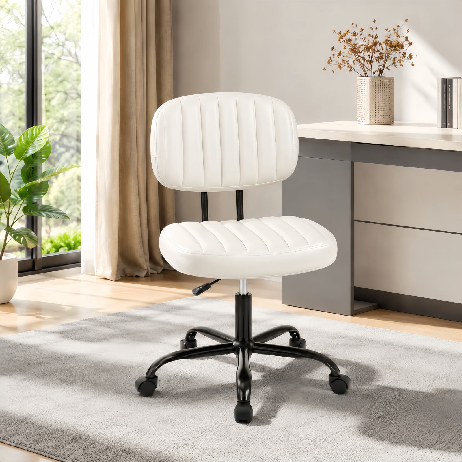 Kelno Armless Desk Chair Height Adjustable Swivel Rolling PU Leather Task Chair with Lumbar Support, White