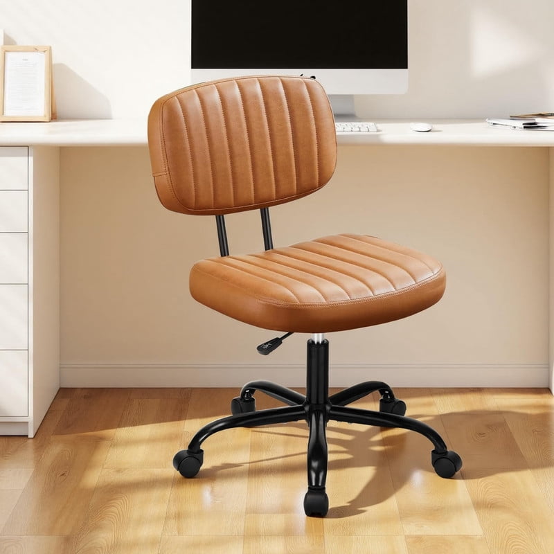 Kelno Armless Office Chair Height Adjustable Swivel Rolling Task Chair with Lumbar Support PU Leather Desk Chair, Brown