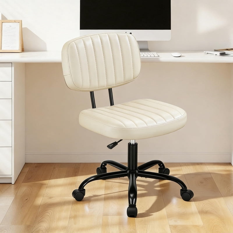 Kelno Armless Office Chair Height Adjustable Swivel Rolling Task Chair with Lumbar Support PU Leather Desk Chair, White