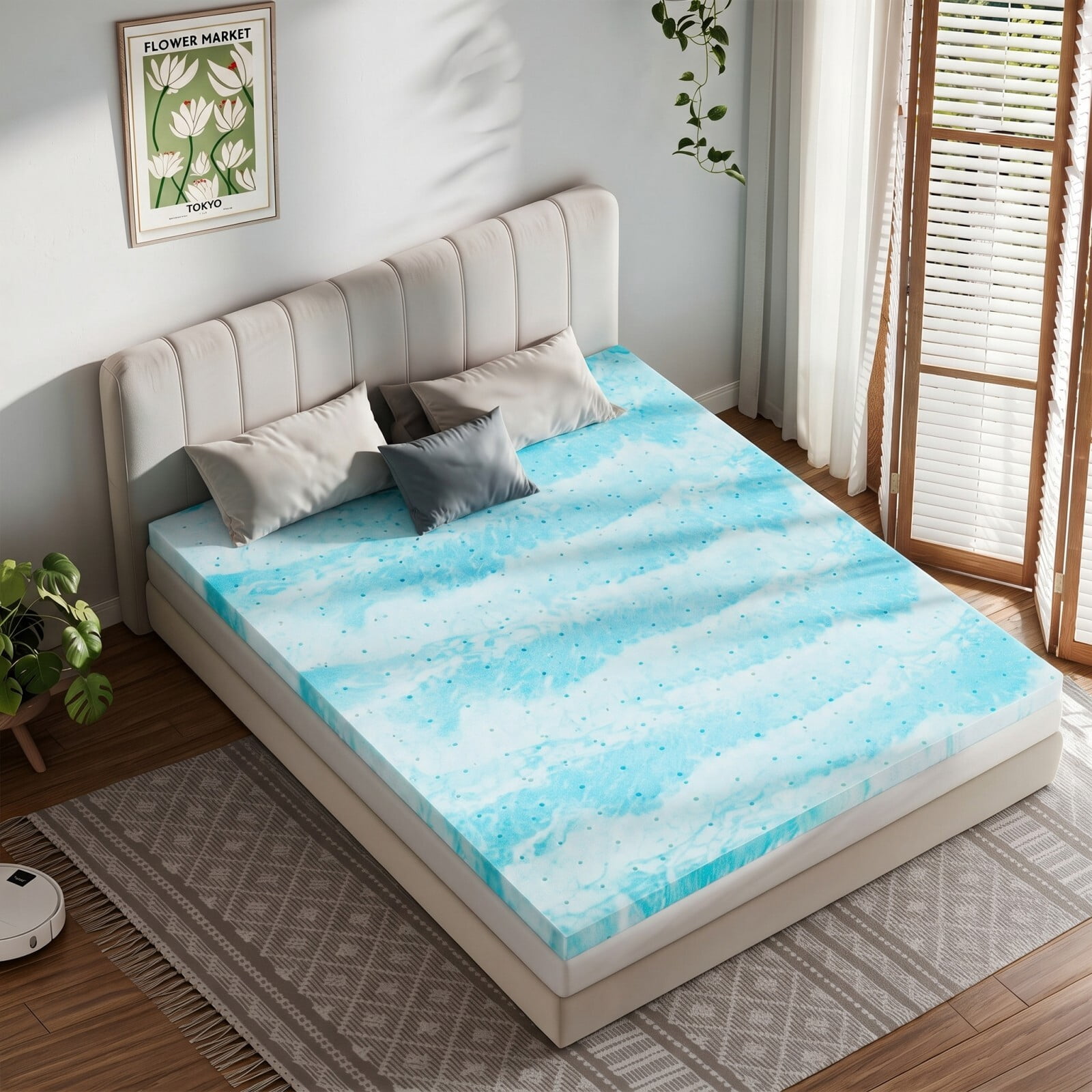 Kelno California King Size Mattress Topper 2IN Cooling Gel Memory Foam Ventilated Breathable Bed Topper for Pressure Relief, Swirl Blue
