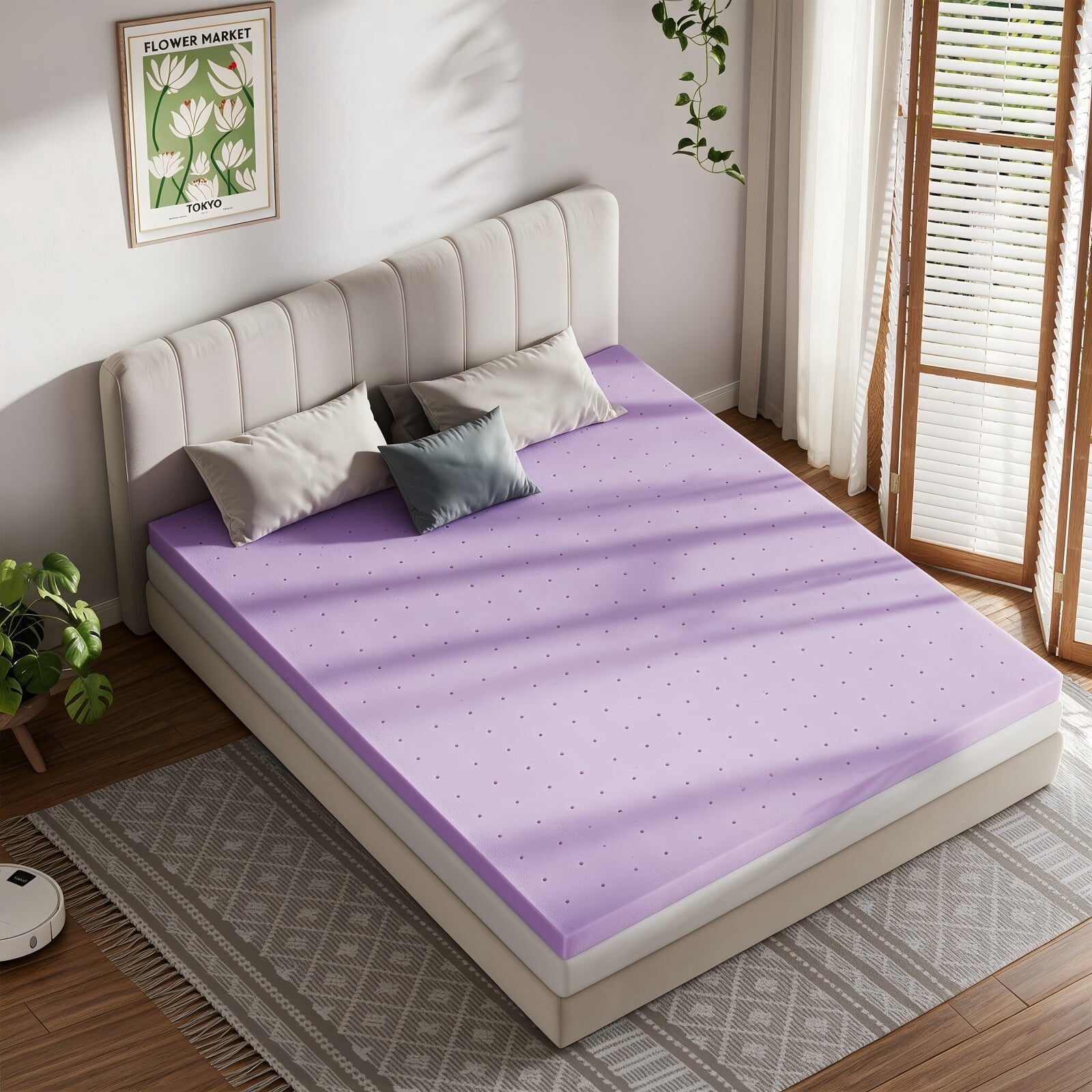 Kelno California King Size Mattress Topper 4IN Cooling Gel Memory Foam Ventilated Breathable Bed Topper for Pressure Relief, Purple