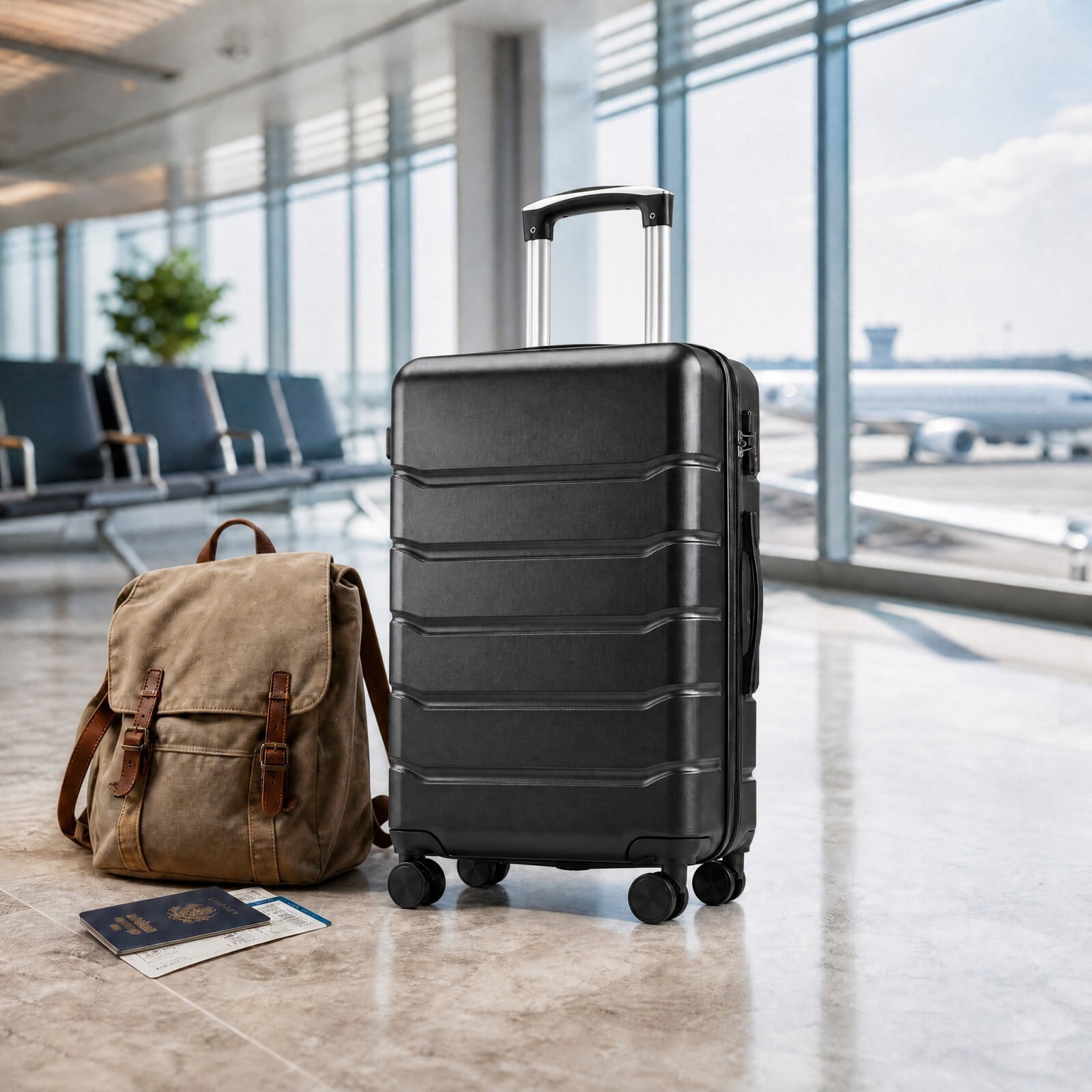 Kelno Carry On Luggage with Spinner Wheels ABS Hard Shell Suitcase Expandable Rolling Luggage with TSA Lock, Black