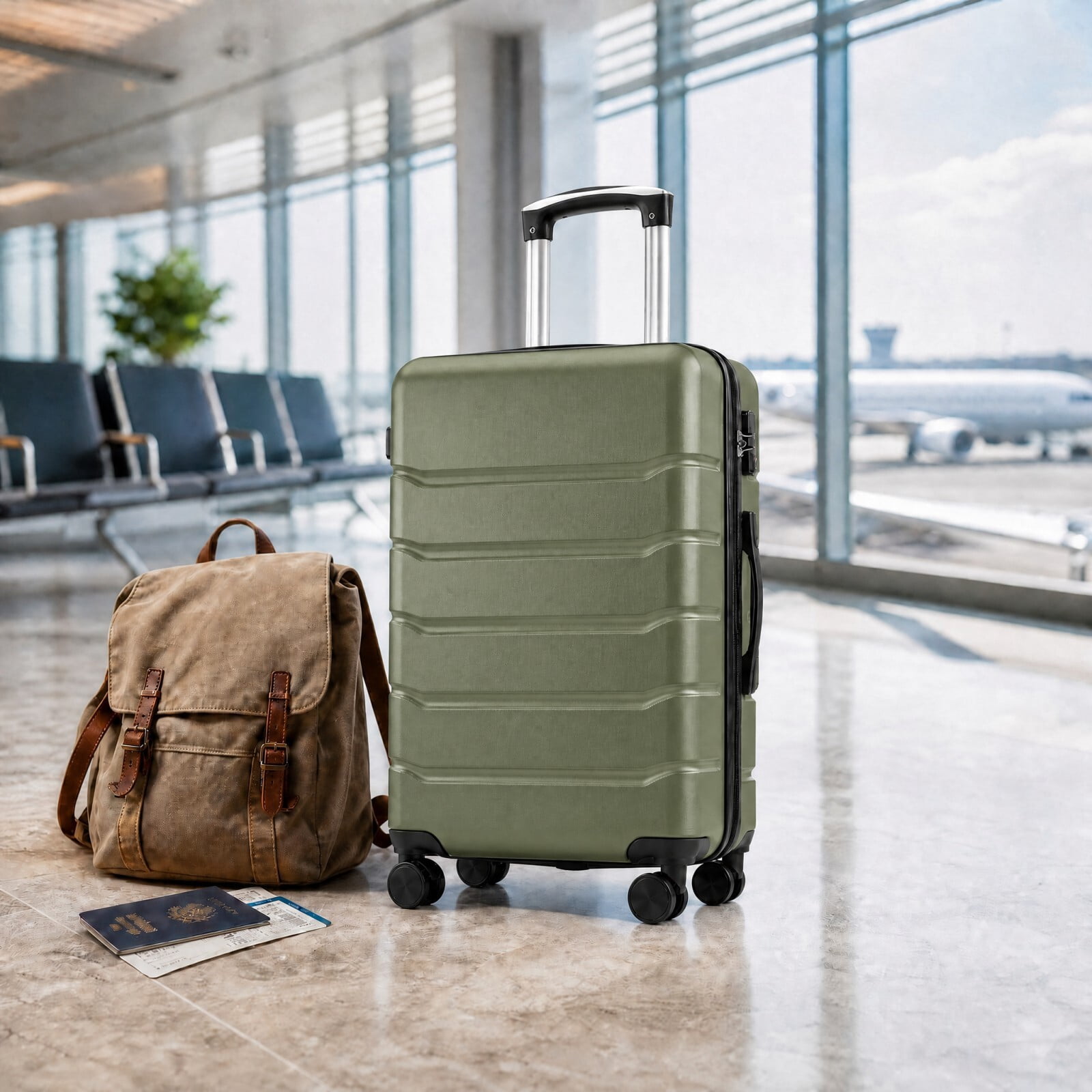 Kelno Carry On Luggage with Spinner Wheels ABS Hard Shell Suitcase Expandable Rolling Luggage with TSA Lock, Green