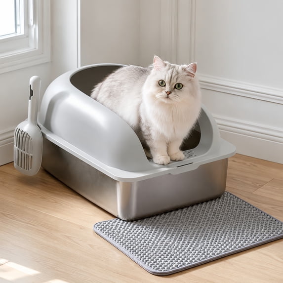 Kelno Cat Litter Box with Lid Scoop Mat High Wall Anti-Urine Leak Stainless Steel Litter Box, Light Gray