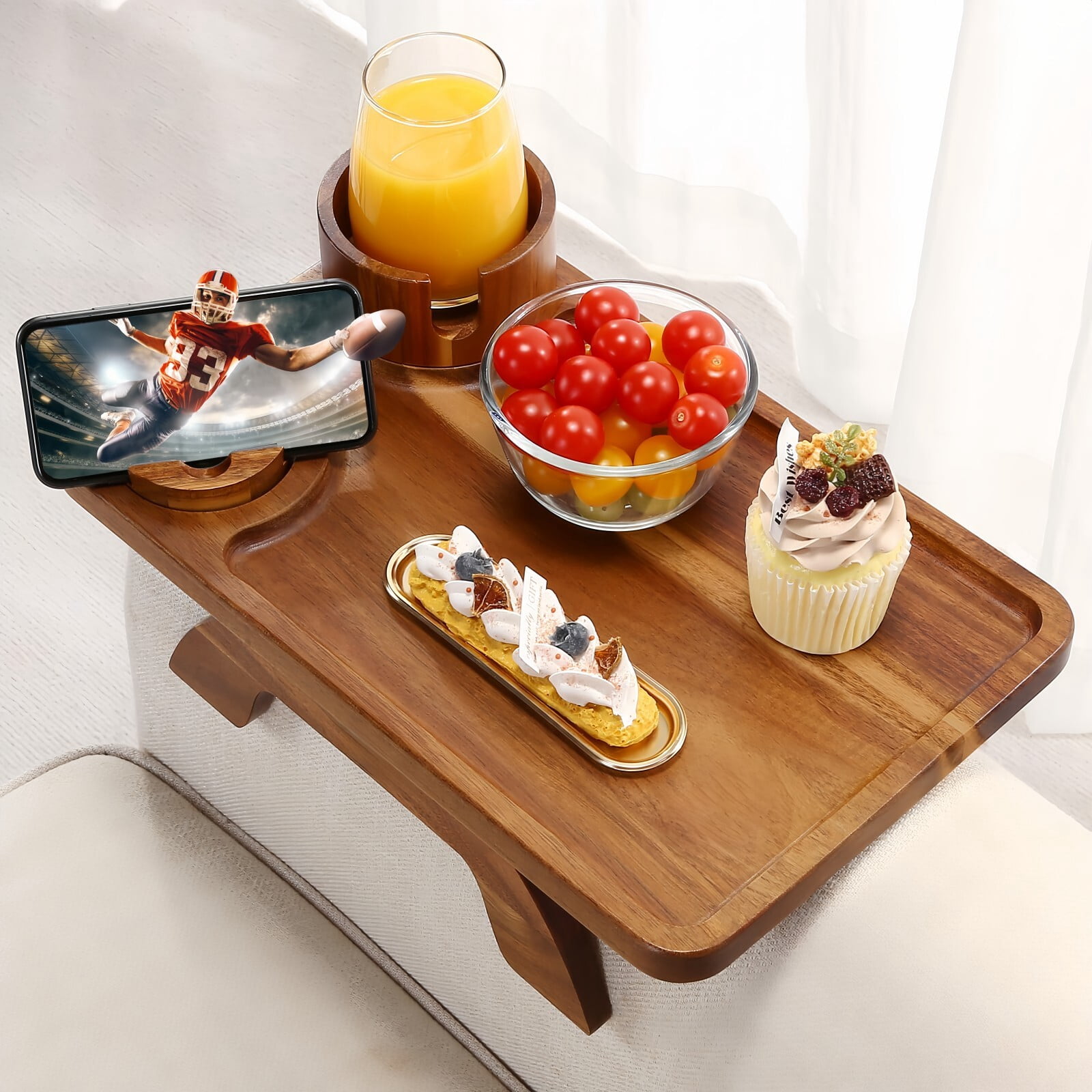 Kelno Couch Armrest Tray 3 in 1 Sofa Arm Tray Table with Swivel Cup Holder Phone Stand, Acacia