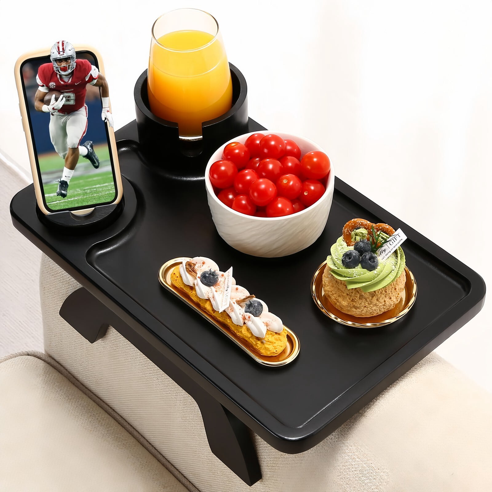 Kelno Couch Armrest Tray 3 in 1 Sofa Arm Tray Table with Swivel Cup Holder Phone Stand, Black
