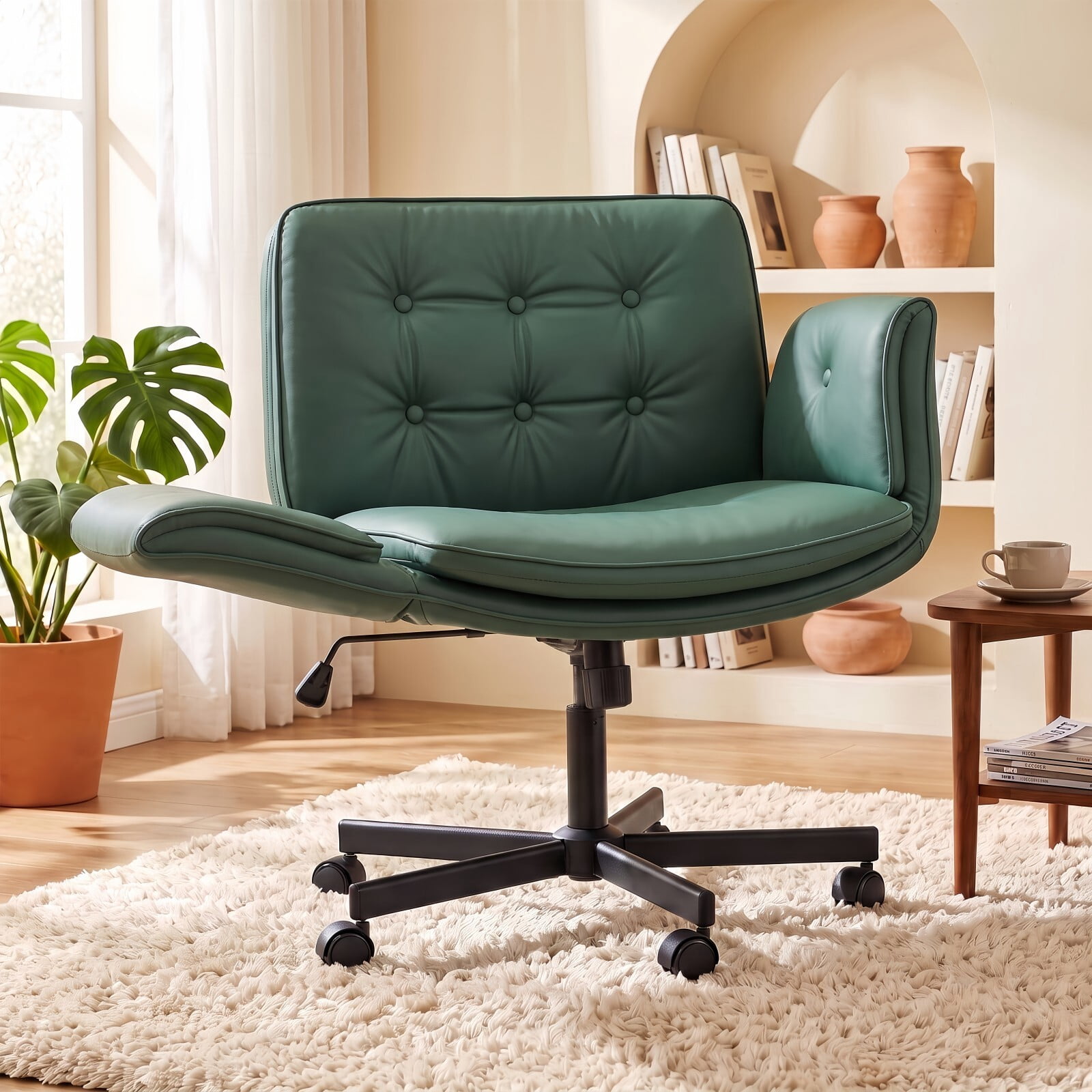 Kelno Criss Cross Office Chair with Wheels Armrests 300lbs Capacity Height Adjustable PU Leather Wide Desk Chair Swivel Vanity Chair, Green