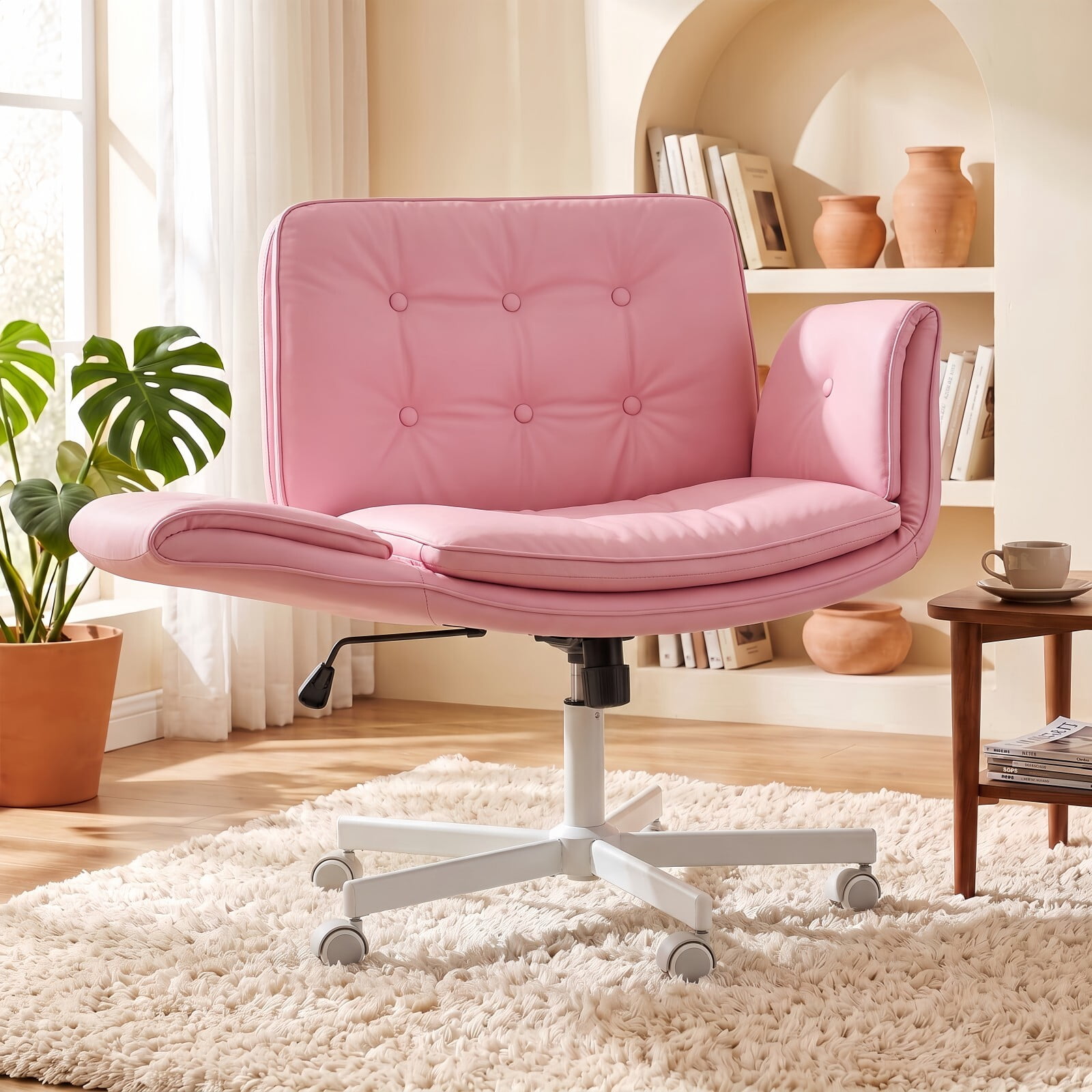 Kelno Criss Cross Office Chair with Wheels Armrests 300lbs Capacity Height Adjustable PU Leather Wide Desk Chair Swivel Vanity Chair, Pink