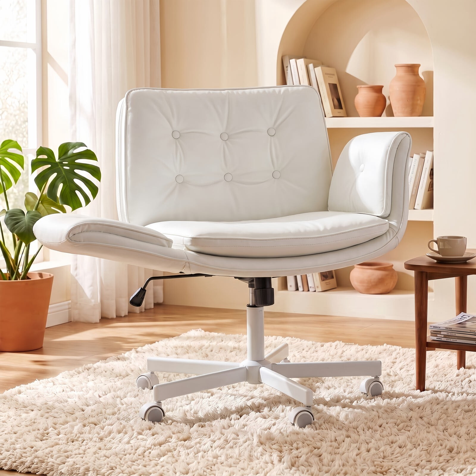 Kelno Criss Cross Office Chair with Wheels Armrests 300lbs Capacity Height Adjustable PU Leather Wide Desk Chair Swivel Vanity Chair, White