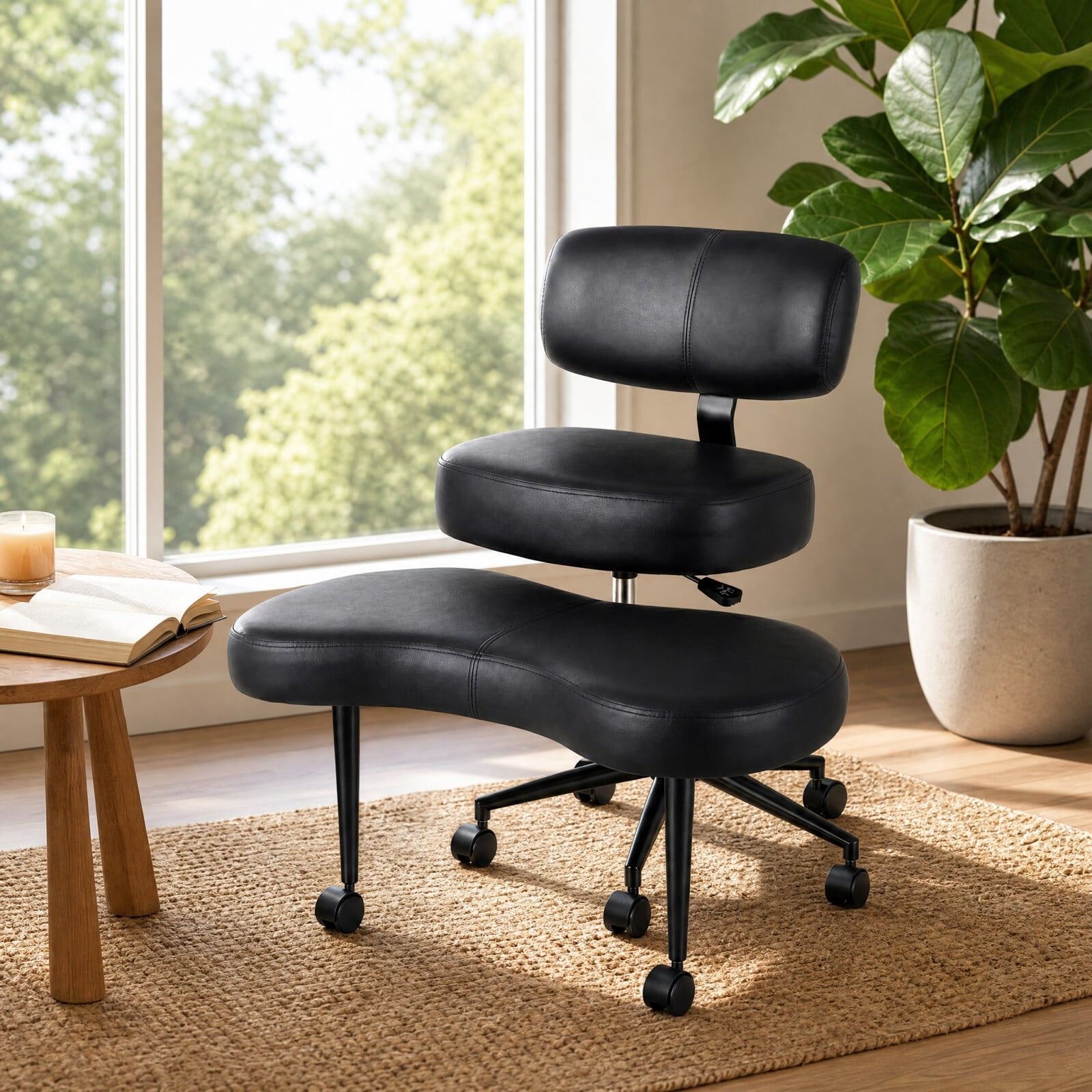 Kelno Cross Legged Meditation Chair with 360° Swivel Footrest Adjustable Backrest Ergonomic PU Leather Office Chair, Black